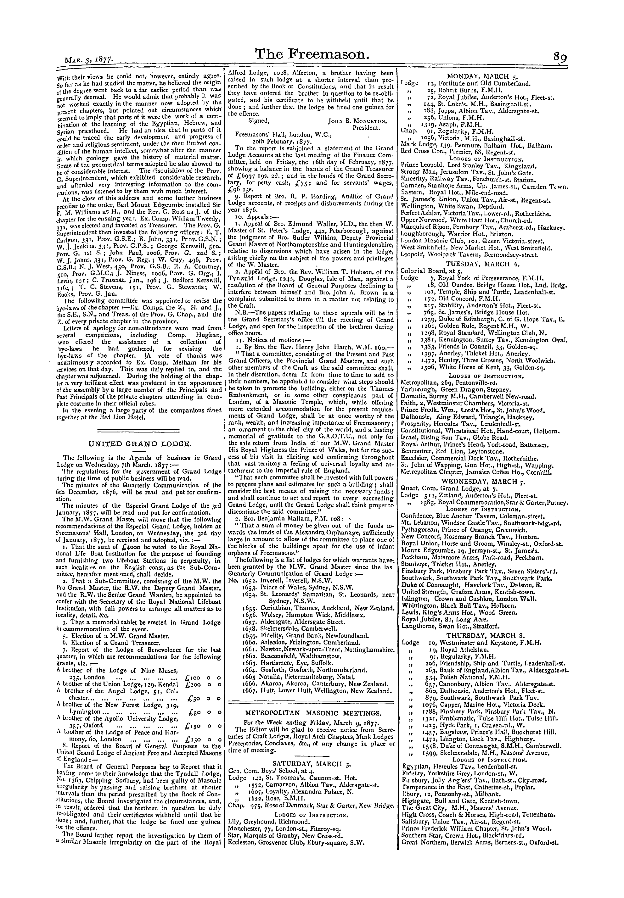 The Freemason: 1877-03-03 - Metropolitan Mosonic Meetings.