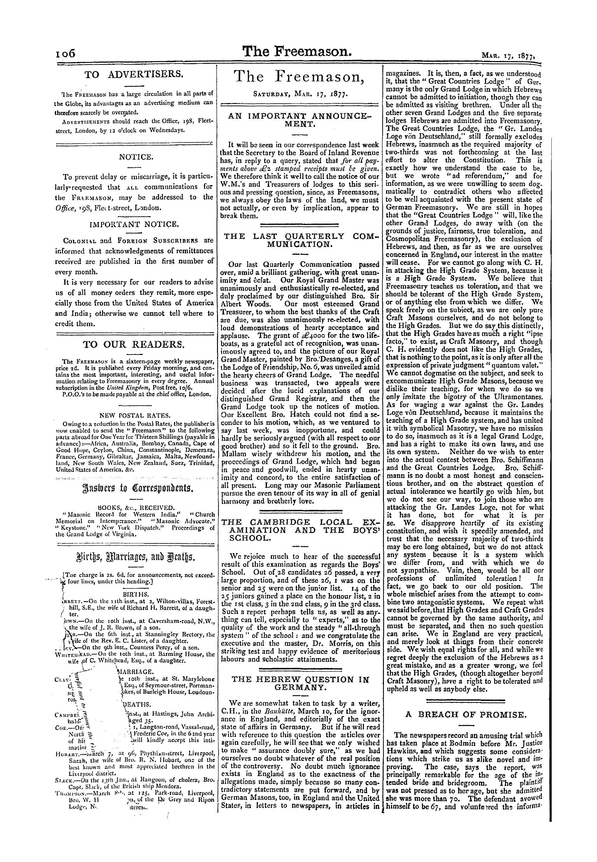 The Freemason: 1877-03-17 - The Hebrew Question In Germany.