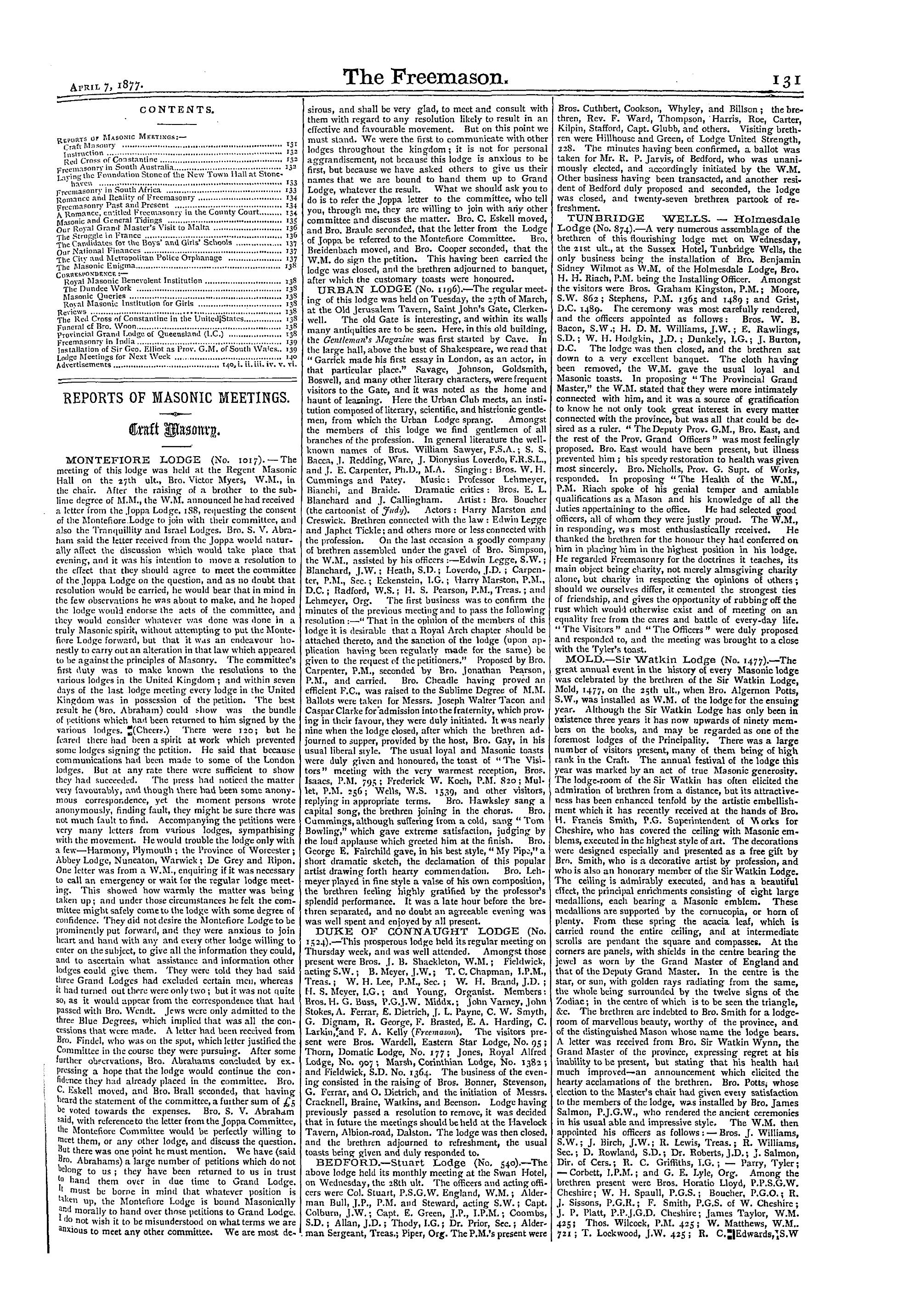 The Freemason: 1877-04-07 - Reports Of Masonic Meetings.