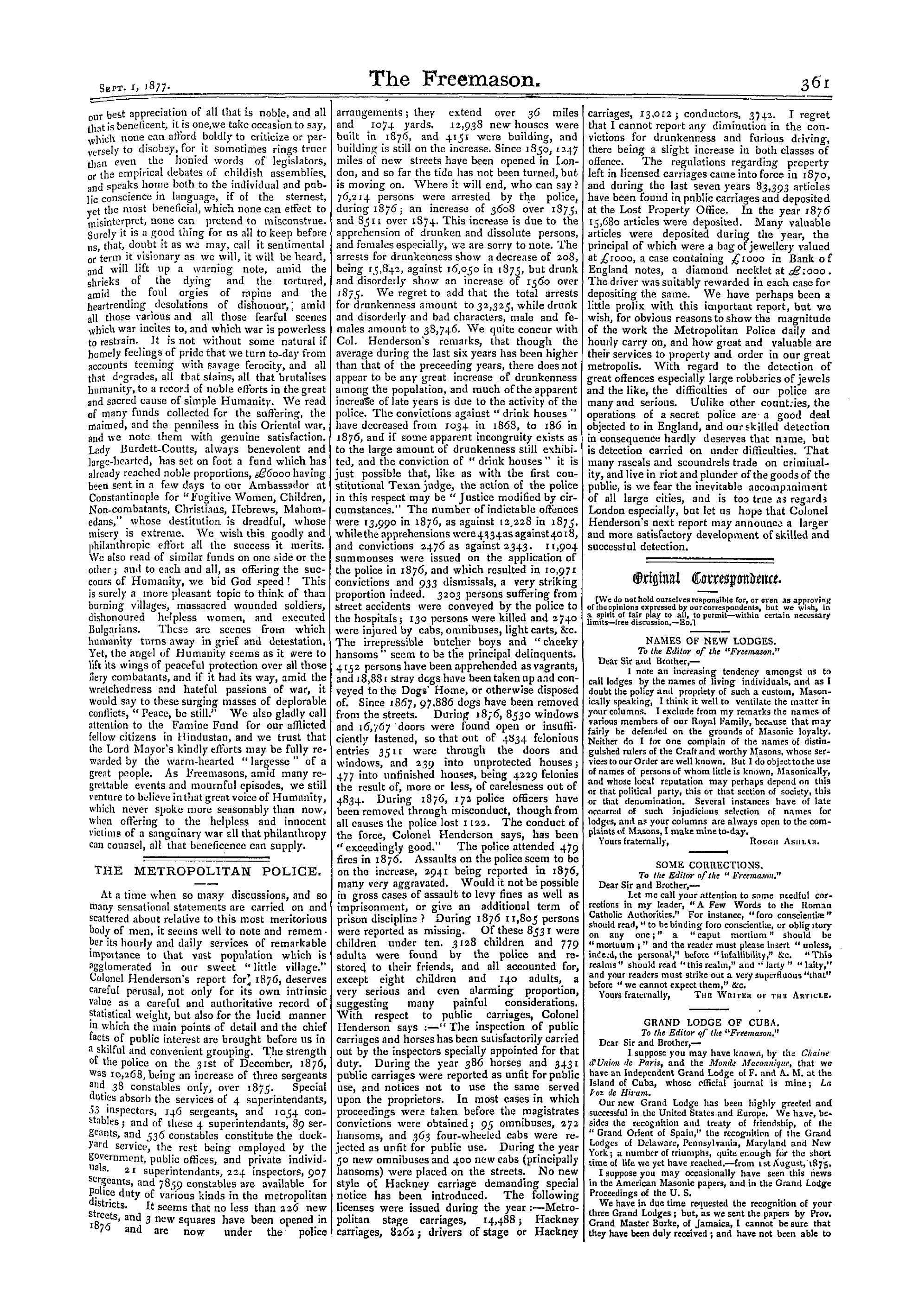 The Freemason: 1877-09-01 - The Metropolitan Police.