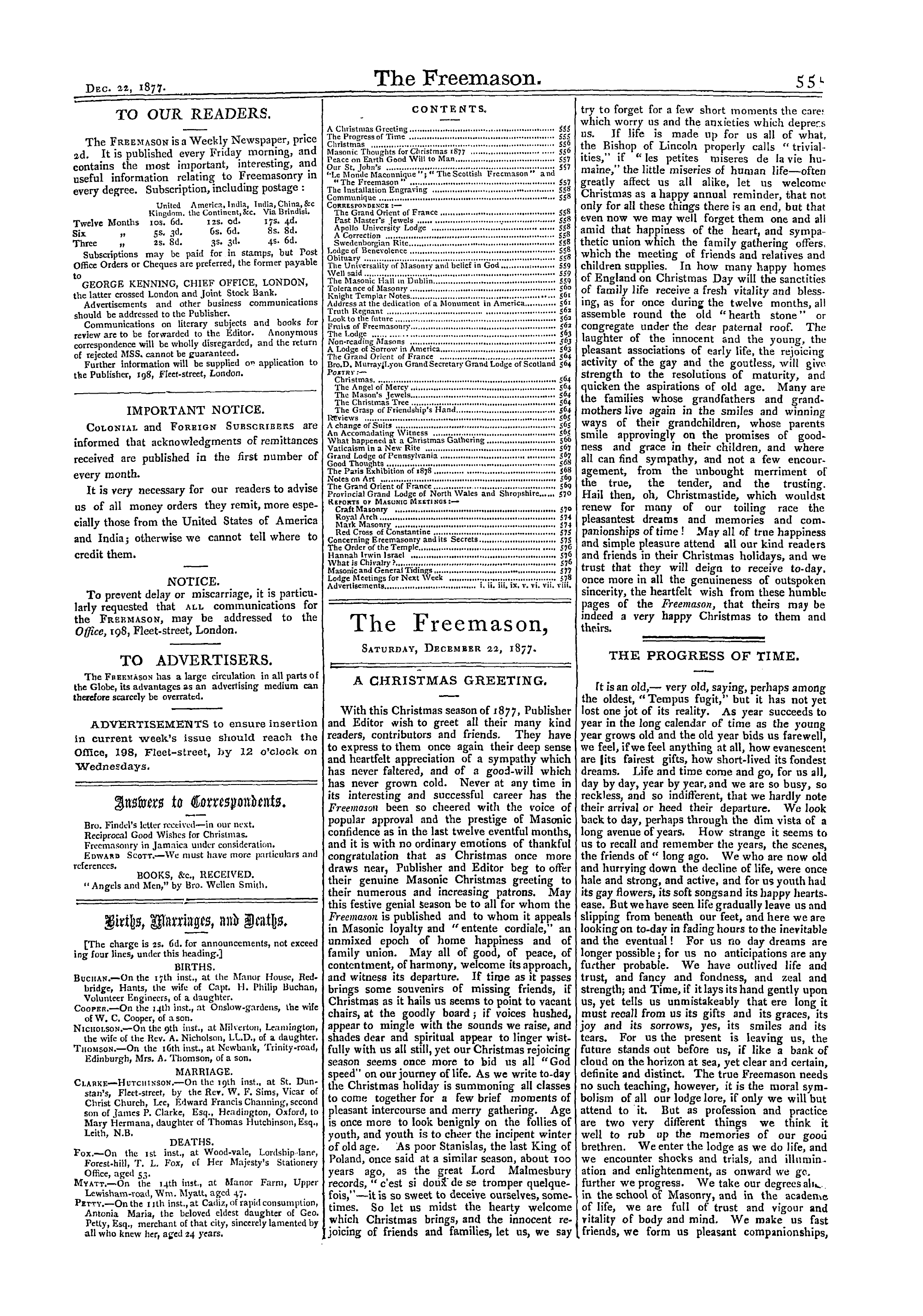 The Freemason: 1877-12-22 - Births , Marriages And Deaths.