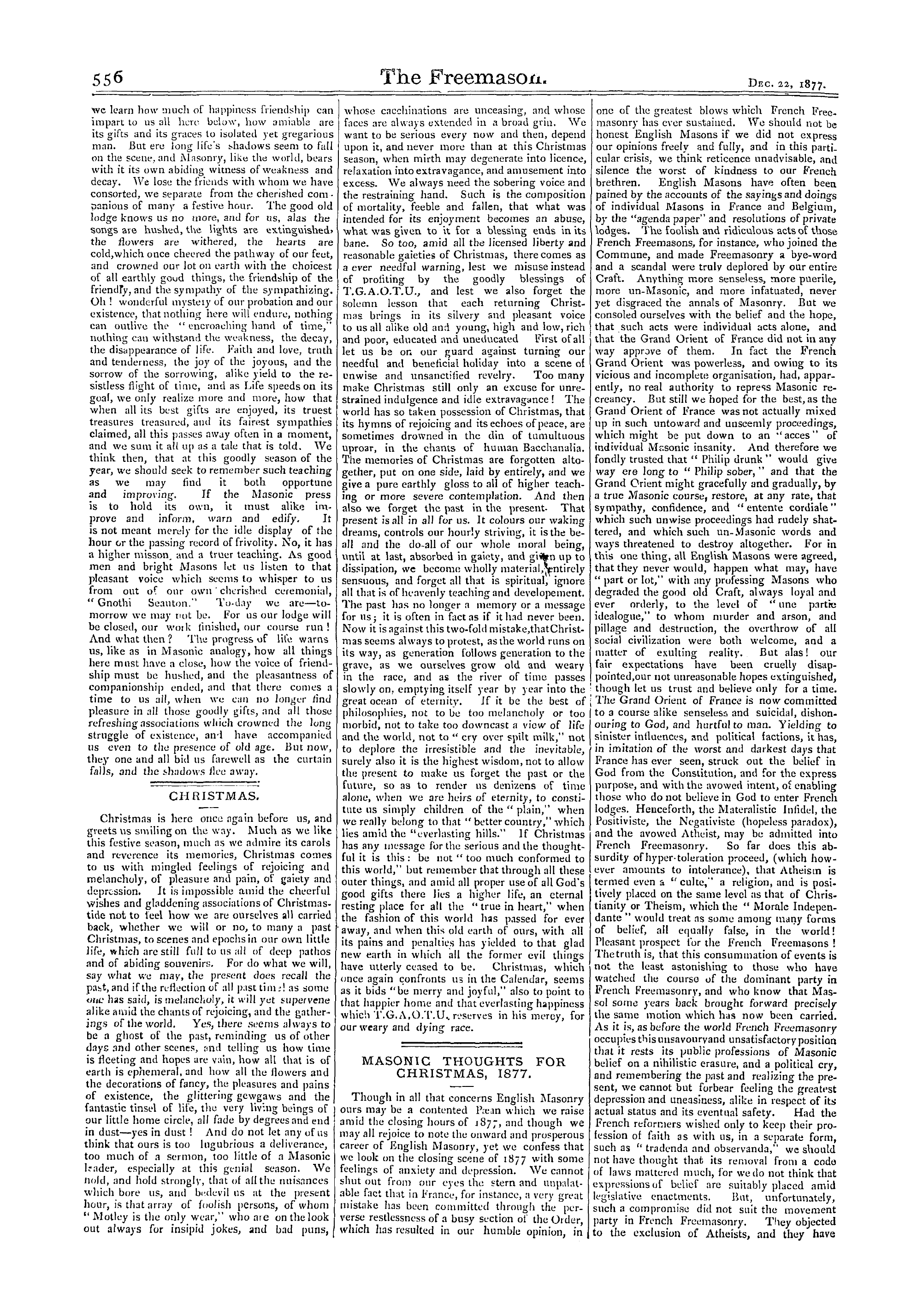 The Freemason: 1877-12-22 - Masonic Thoughts For Christmas, 1877.