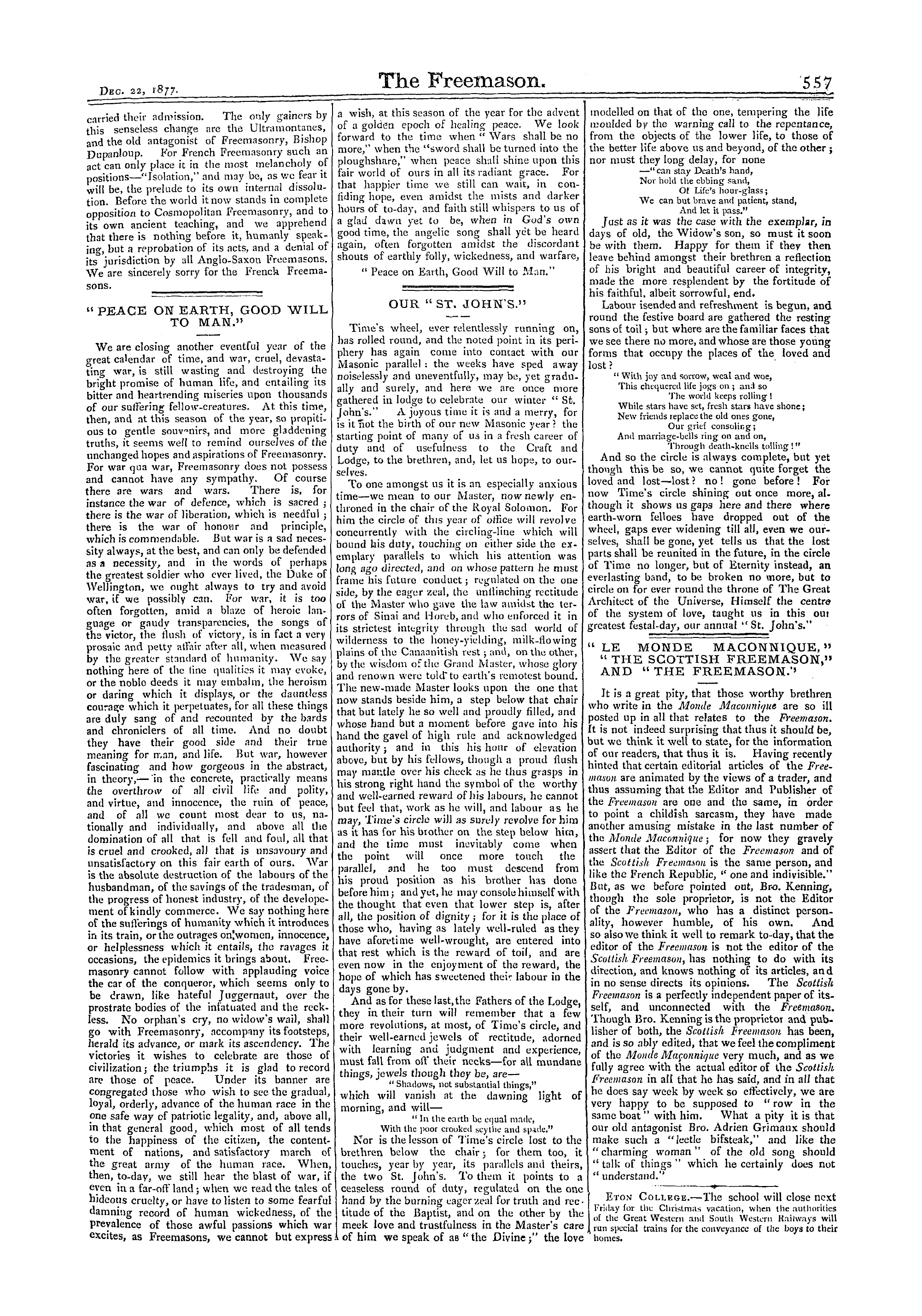 The Freemason: 1877-12-22 - Masonic Thoughts For Christmas, 1877.