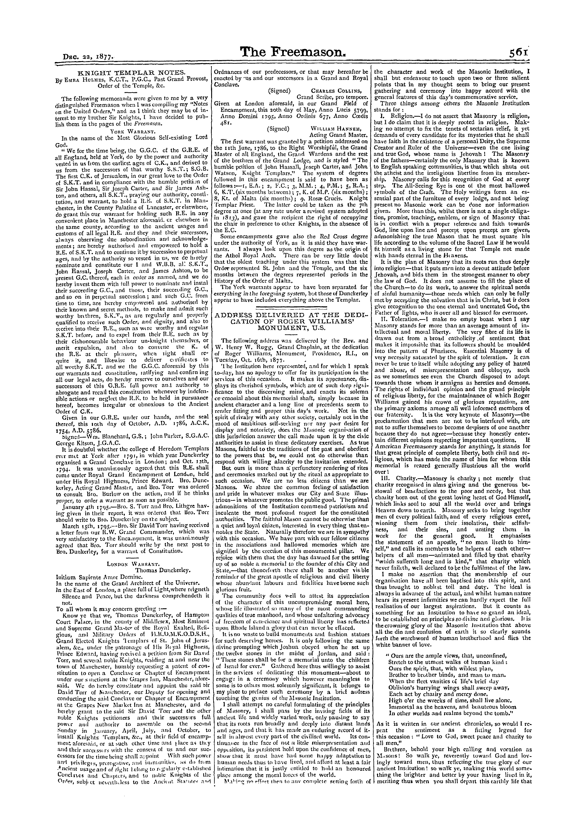 The Freemason: 1877-12-22 - Knight Templar Notes.