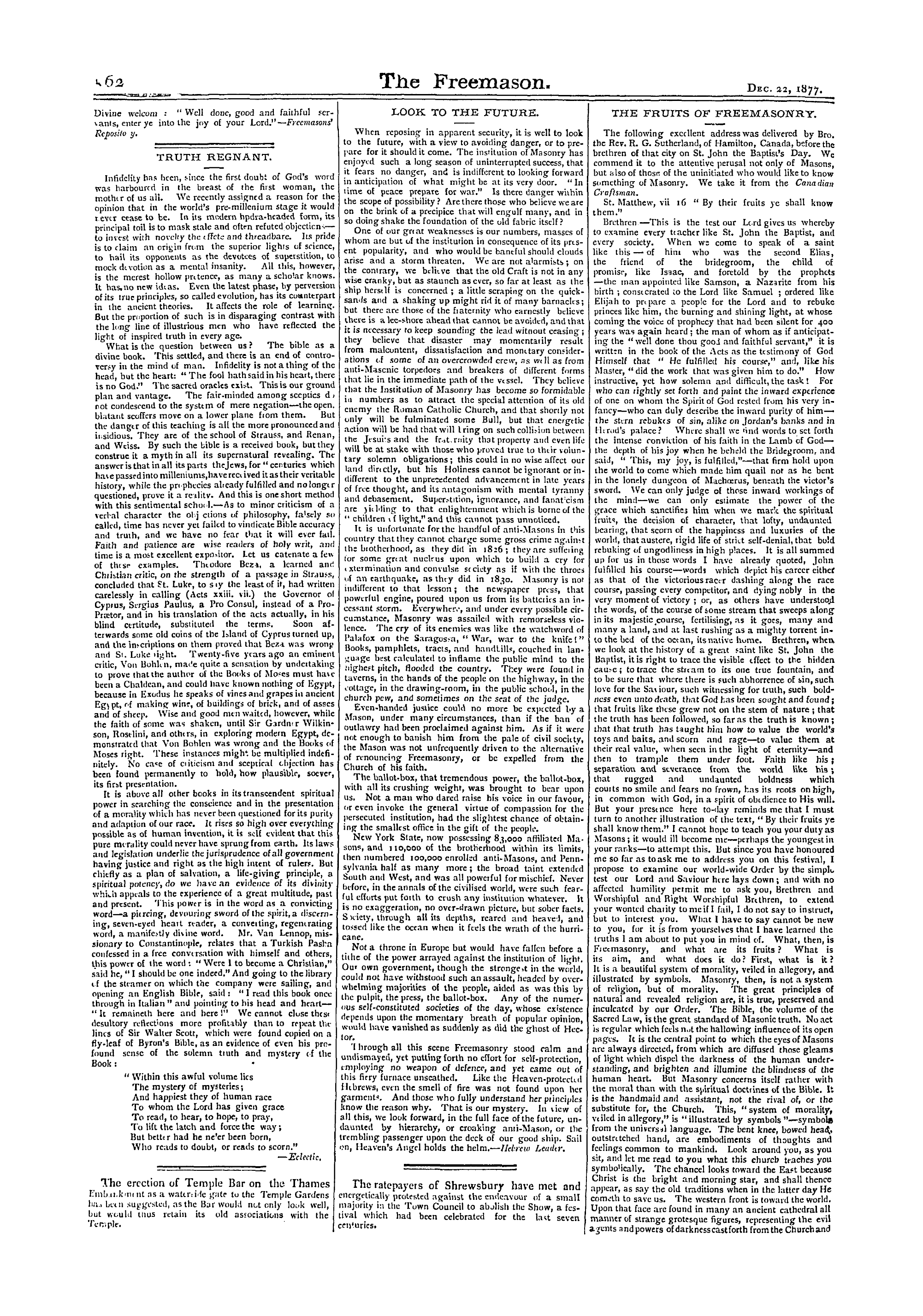 The Freemason: 1877-12-22 - The Fruits Of Freemasonry.