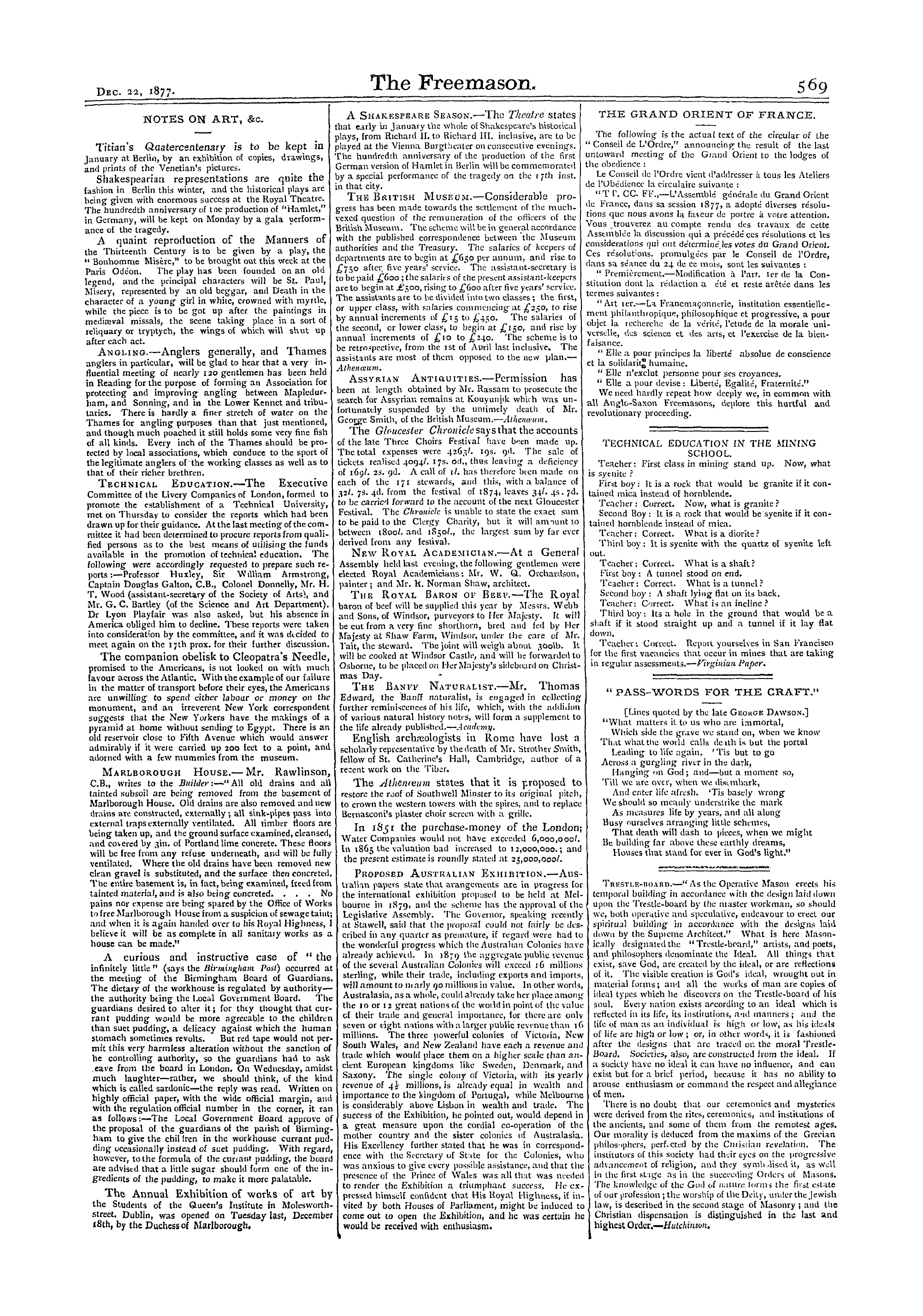 The Freemason: 1877-12-22 - Technical Education In The Mining School.