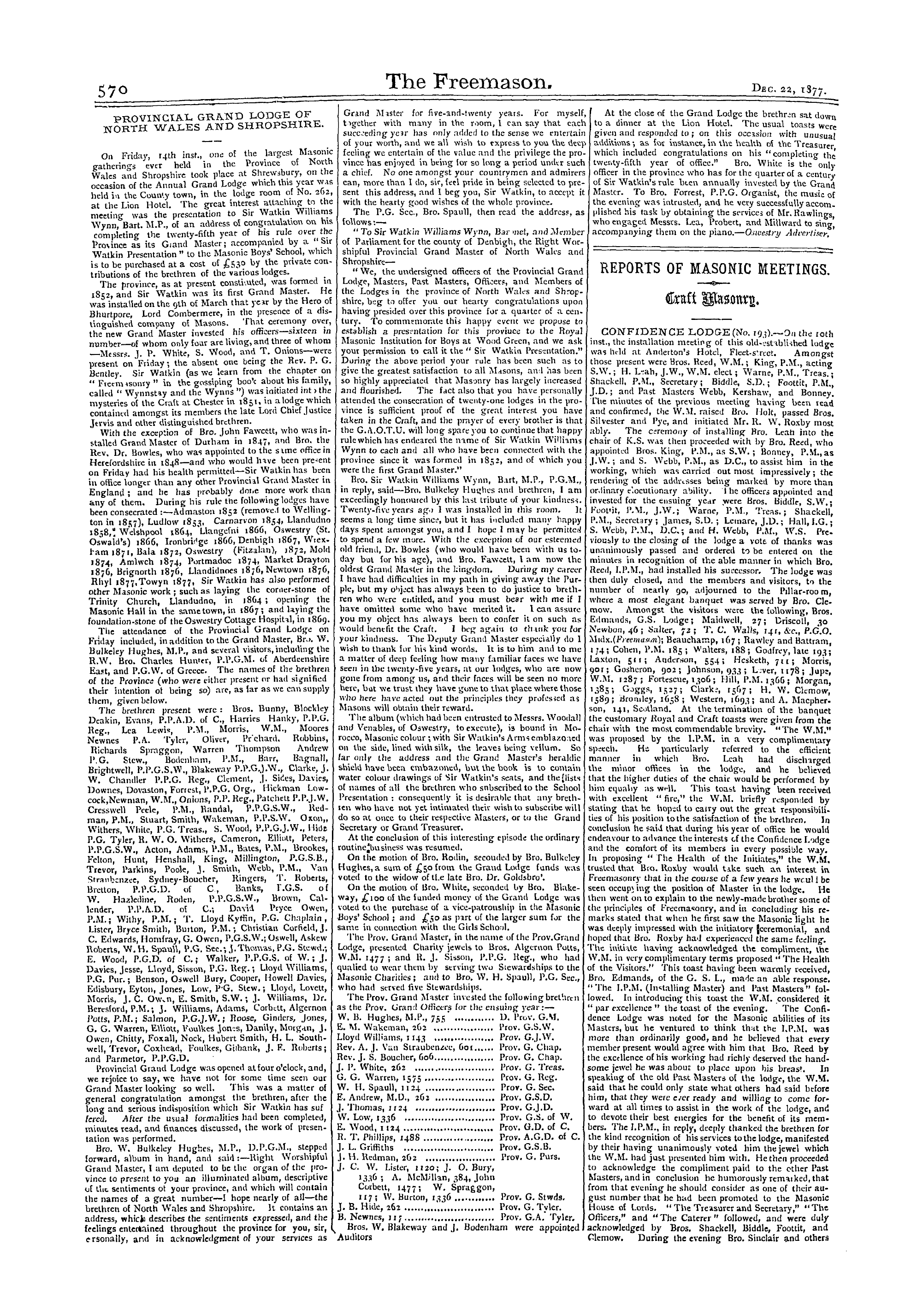 The Freemason: 1877-12-22 - Provincial Grand Lodge Of North Wales And Shropshire .