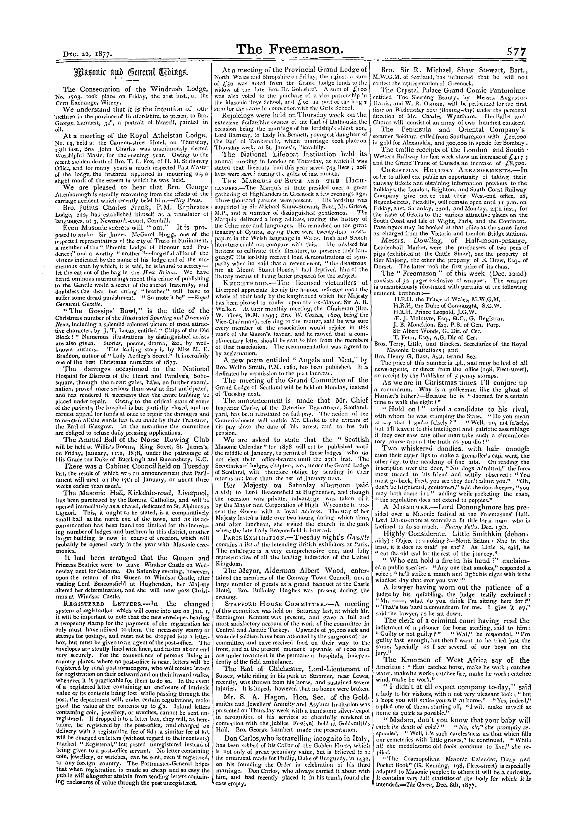 The Freemason: 1877-12-22 - Masonic And General Tidings.