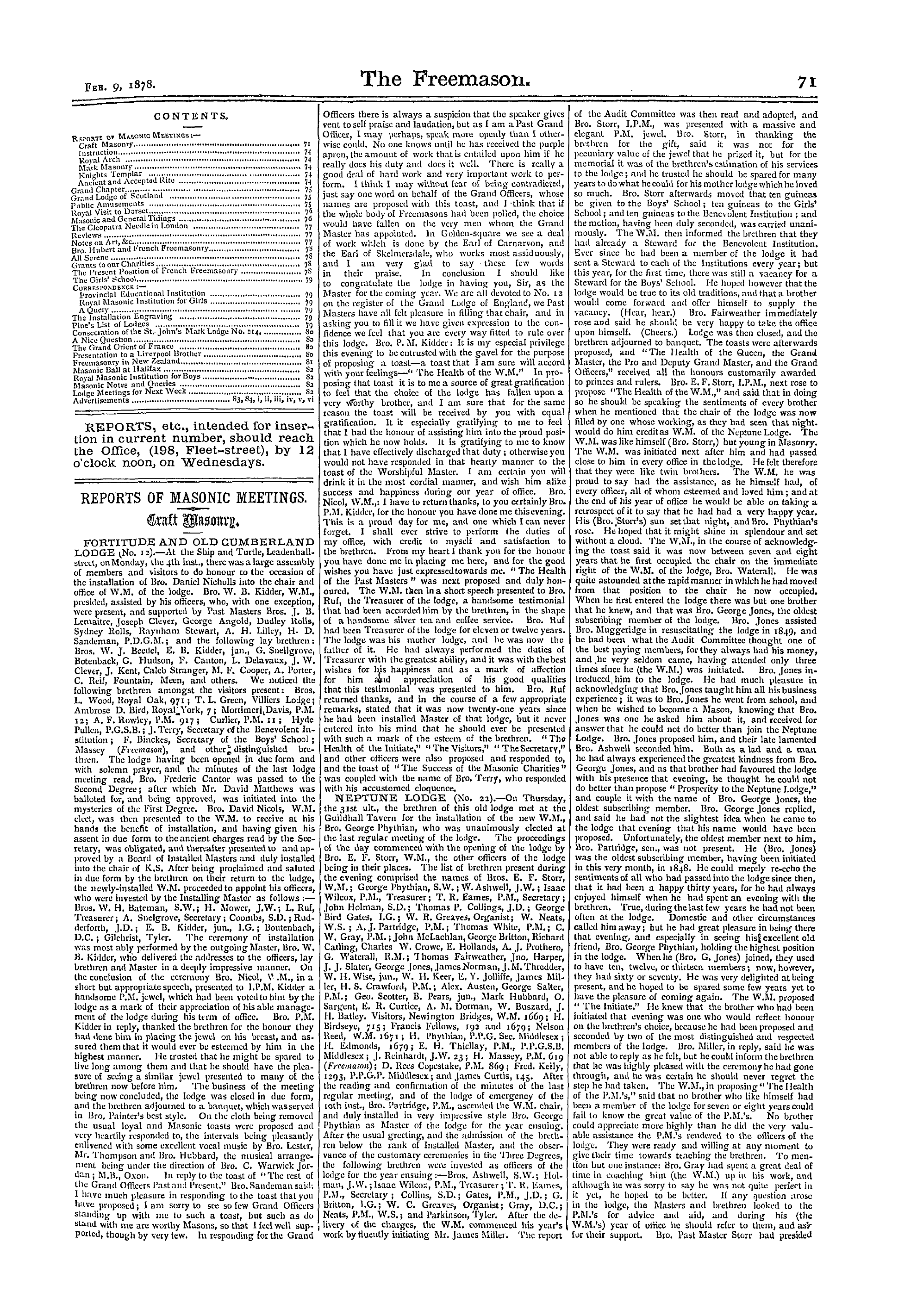 The Freemason: 1878-02-09 - Reports Of Masonic Meetings.