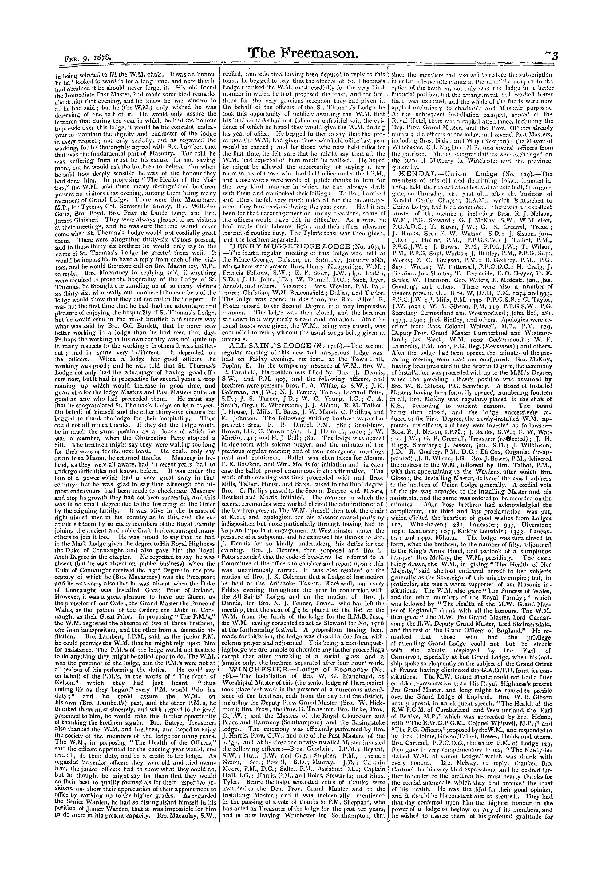 The Freemason: 1878-02-09 - Reports Of Masonic Meetings.