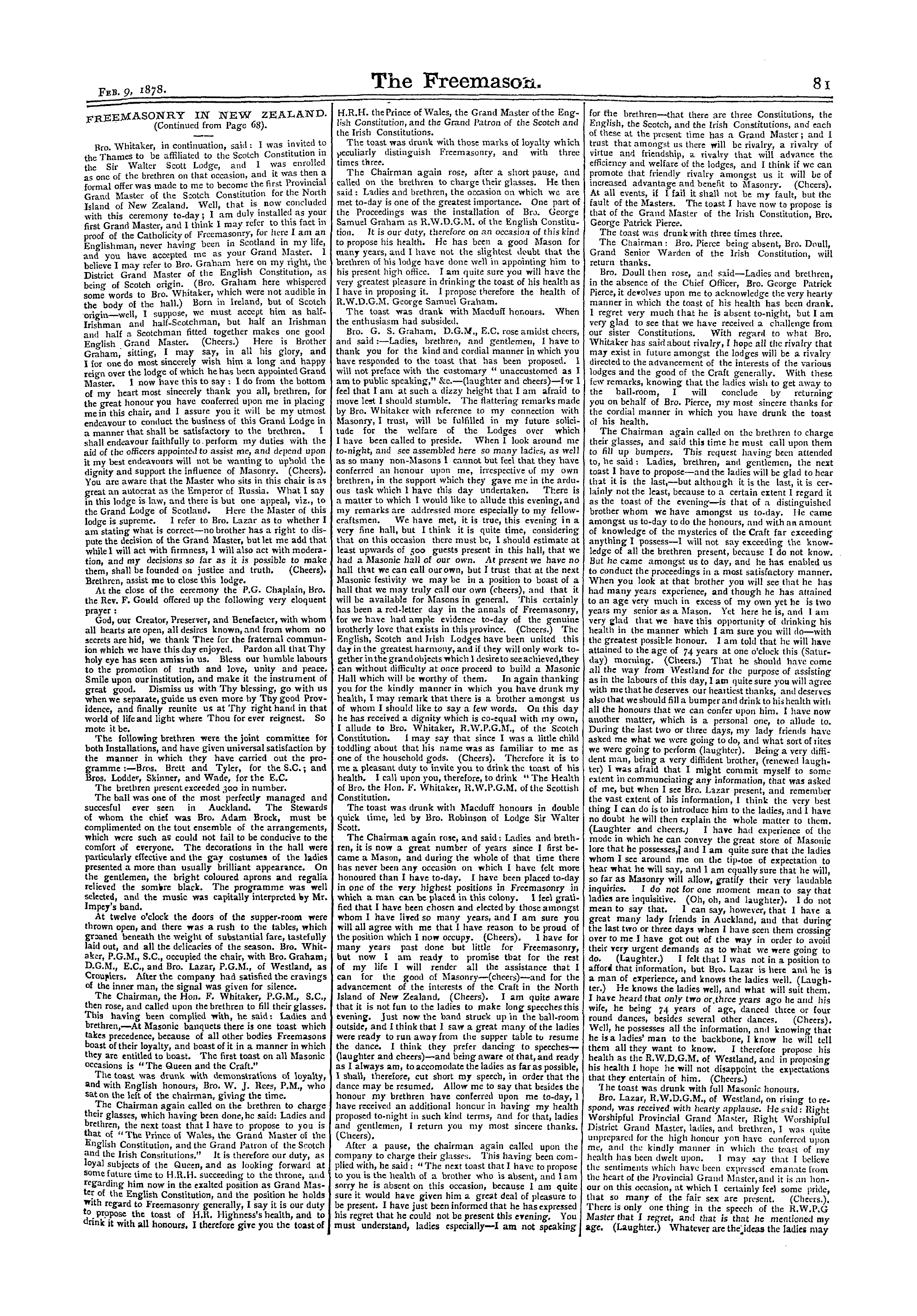 The Freemason: 1878-02-09 - Freemasonry In New Zealand. (Continued From Page 68).