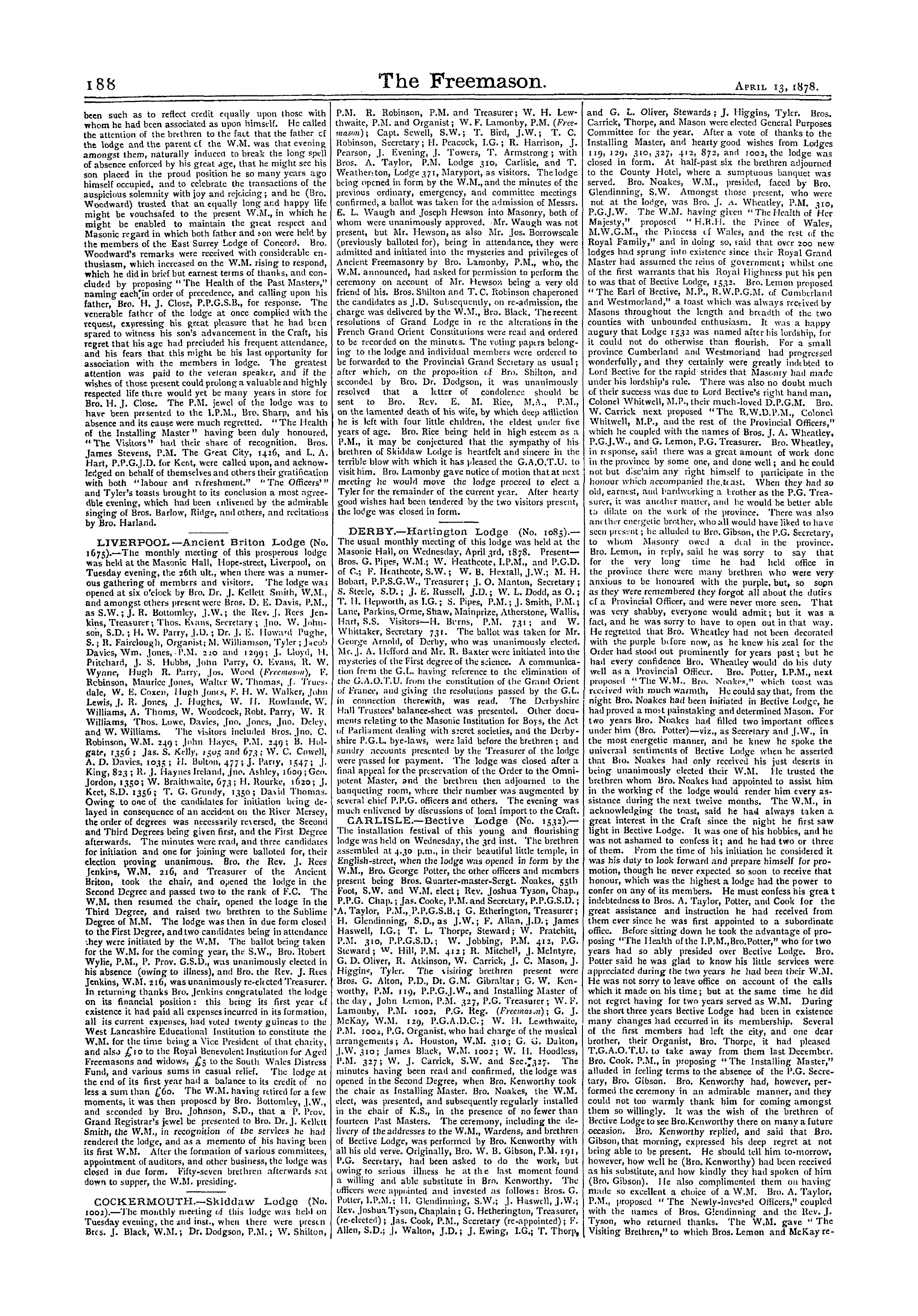 The Freemason: 1878-04-13 - Reports Of Masonic Meetings.