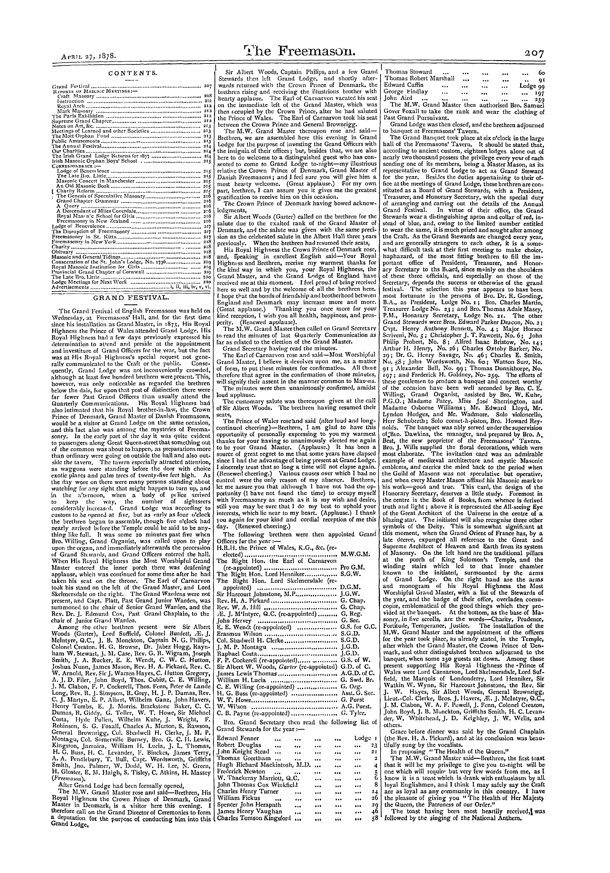 The Freemason: 1878-04-27 - Grand Festival.