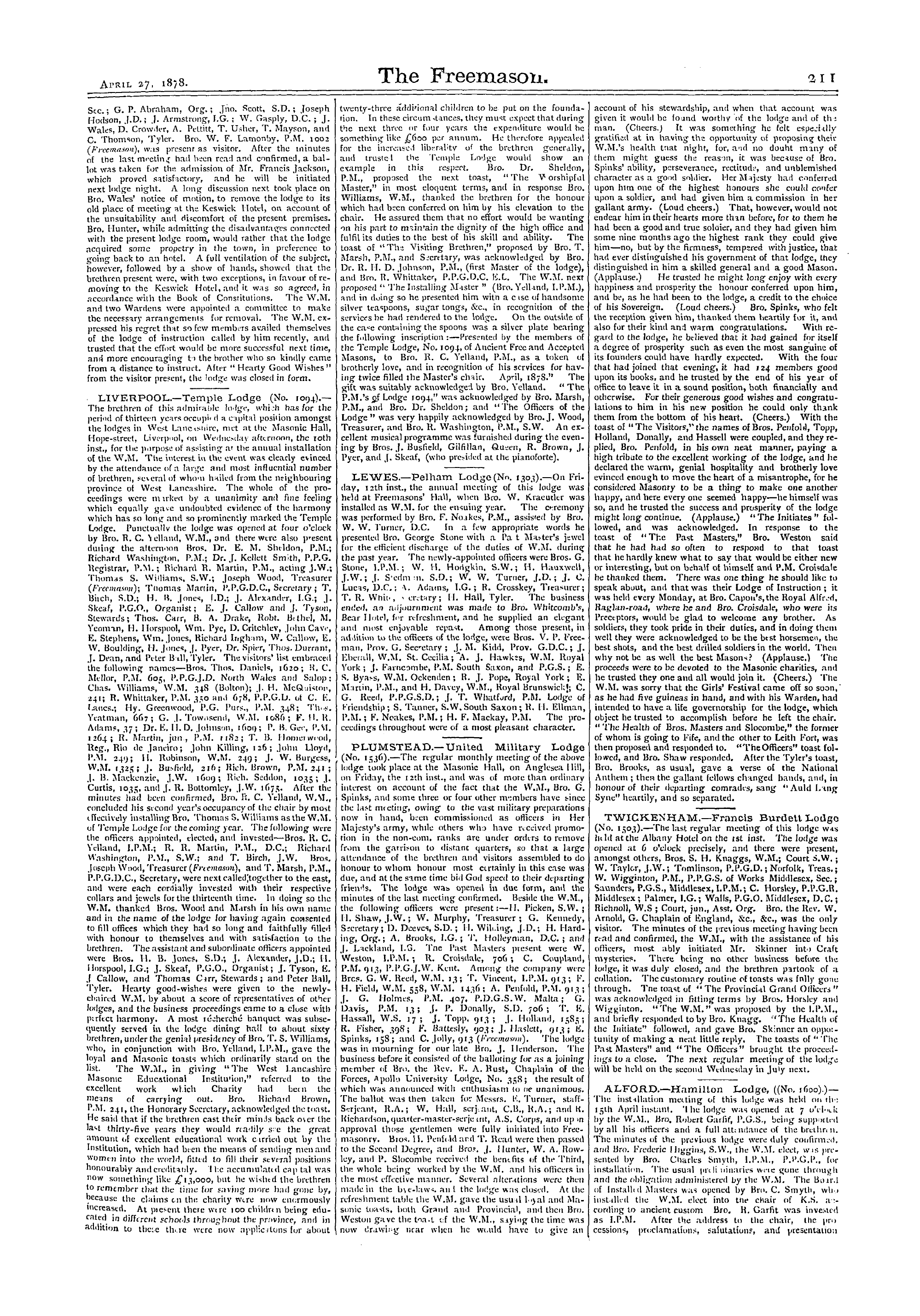 The Freemason: 1878-04-27 - Reports Of Masonic Meetings.