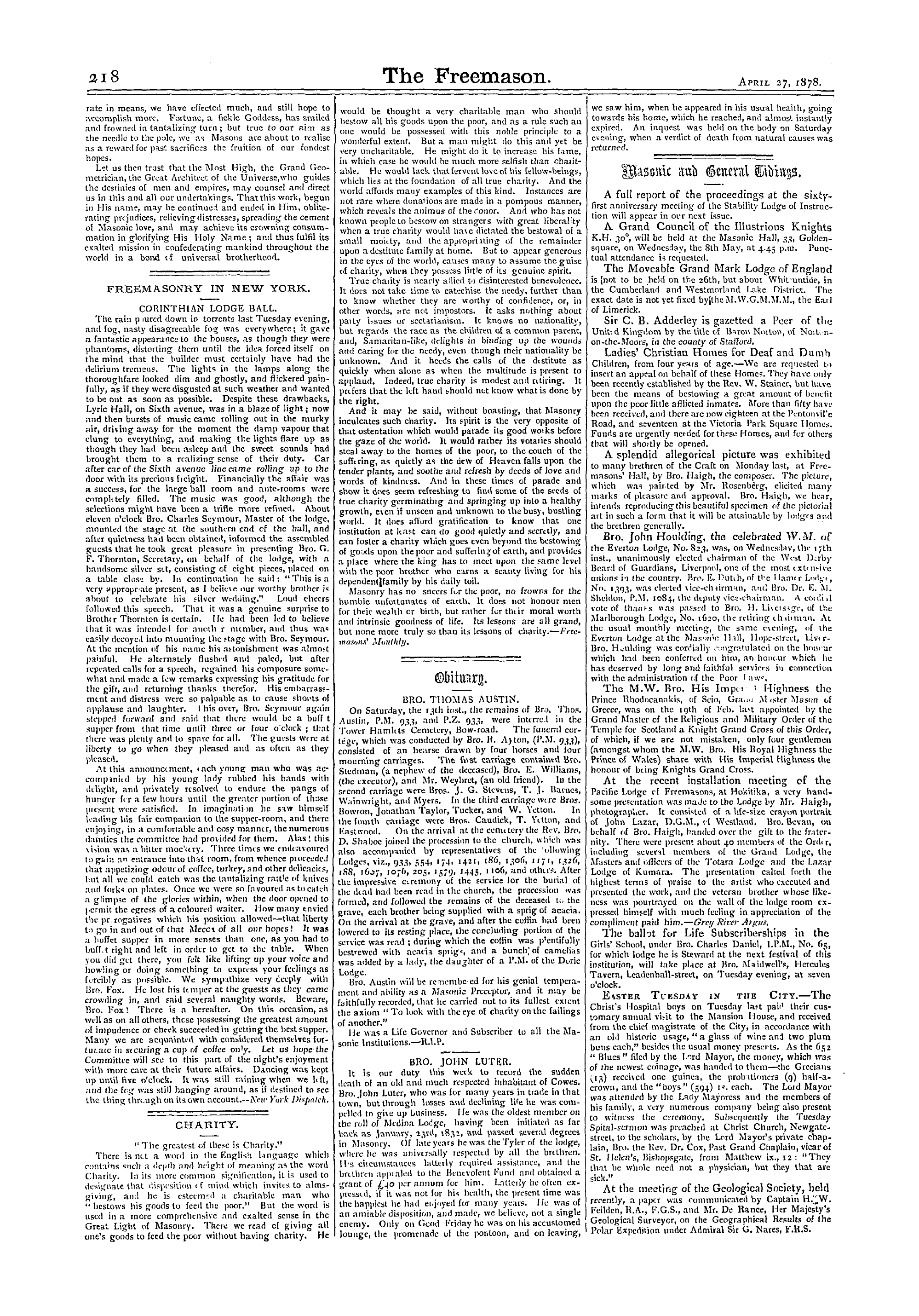 The Freemason: 1878-04-27 - Masonic And General Tidings.