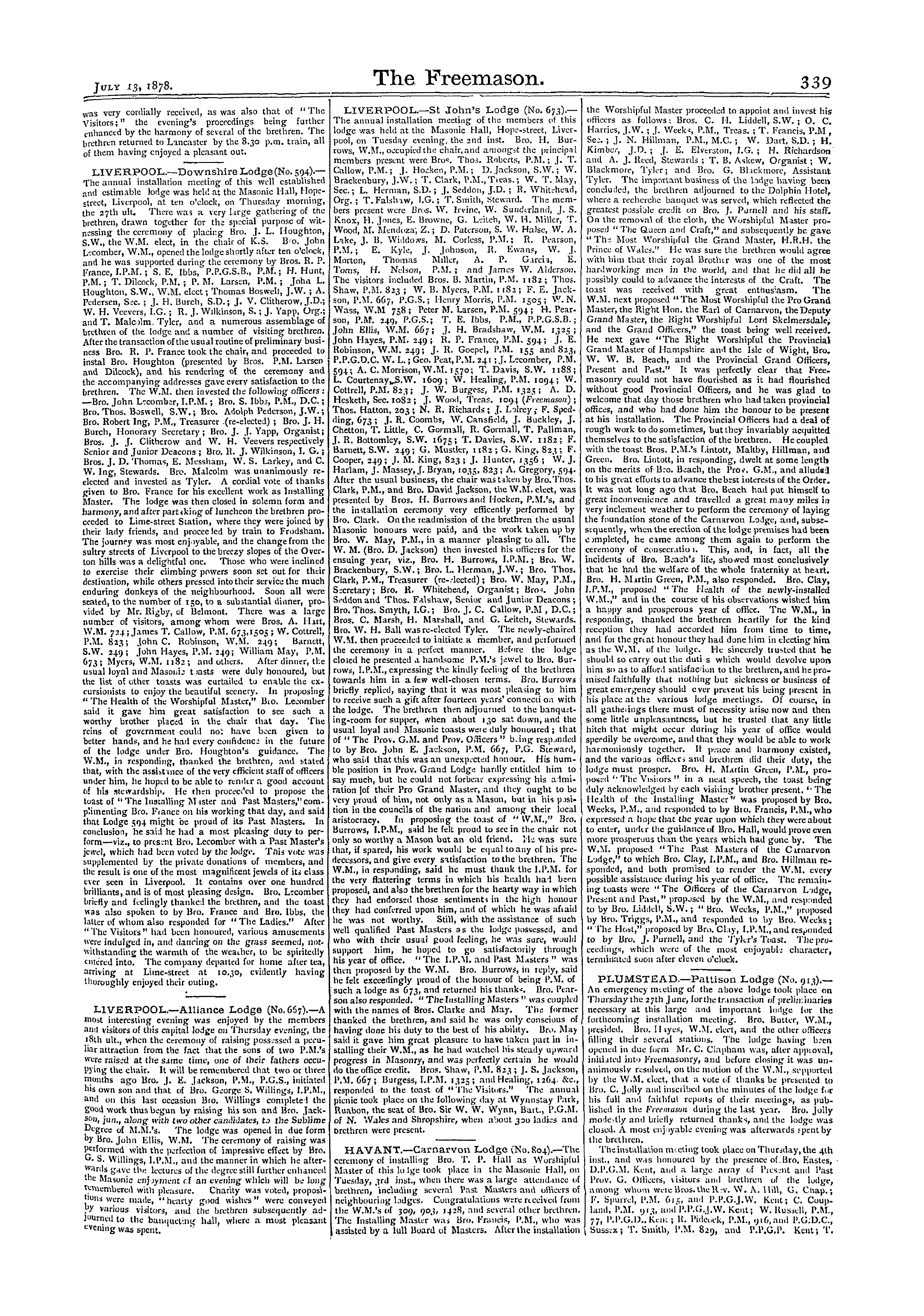 The Freemason: 1878-07-13 - Reports Of Masonic Meetings.