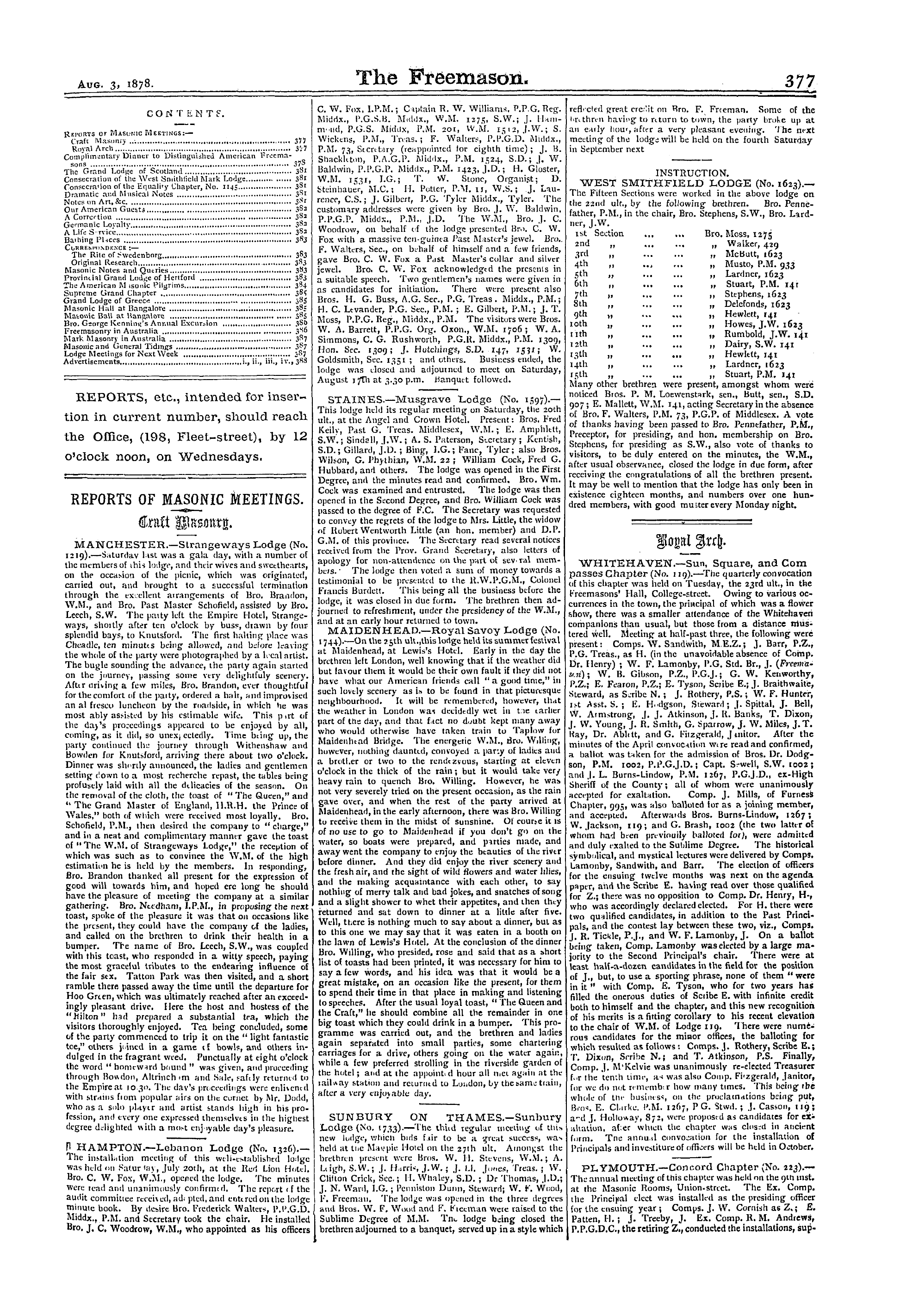 The Freemason: 1878-08-03 - Reports Of Masonic Meetings.