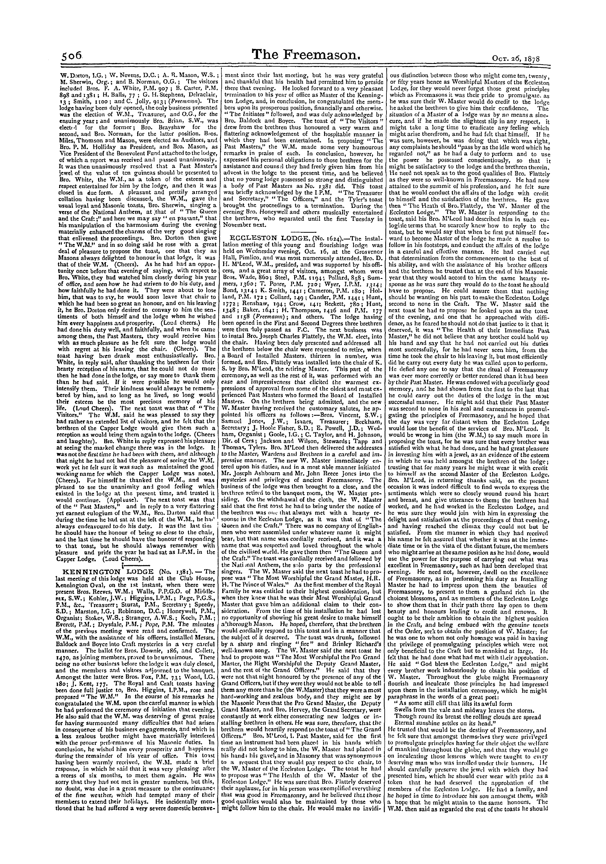 The Freemason: 1878-10-26 - Reports Of Masonic Meetings.