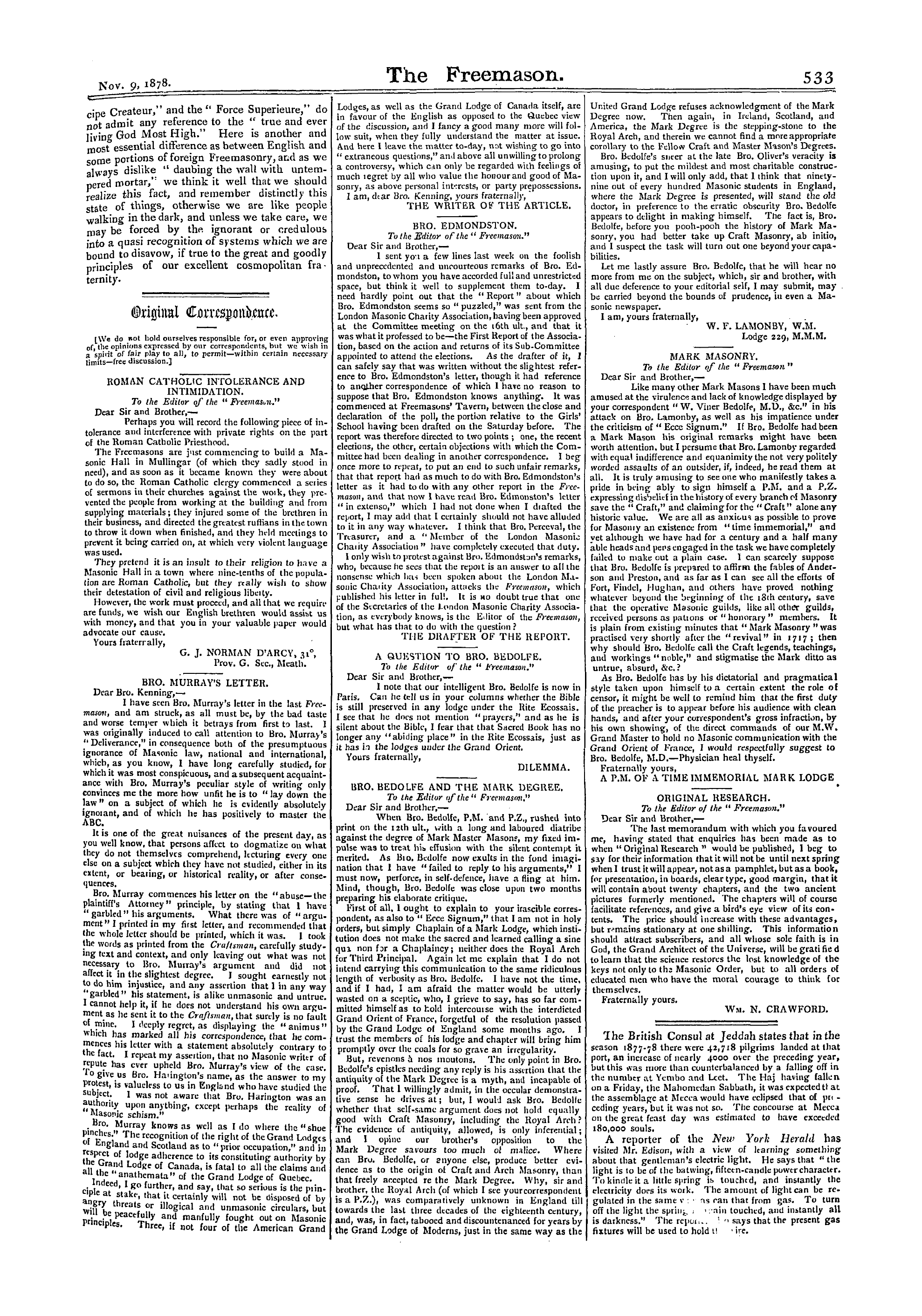 The Freemason: 1878-11-09 - Original Correspondence.