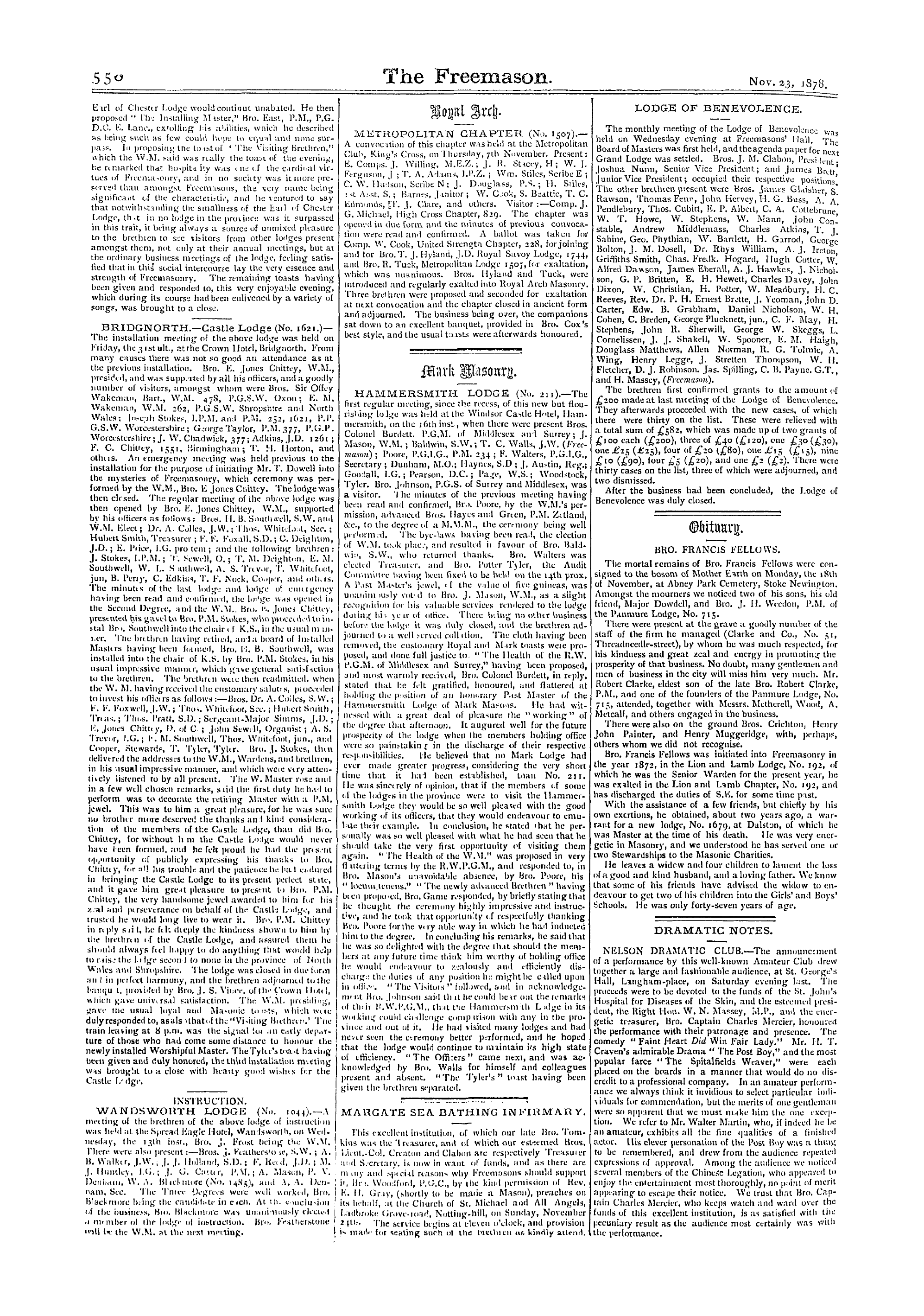 The Freemason: 1878-11-23 - Reports Of Masonic Meetings.