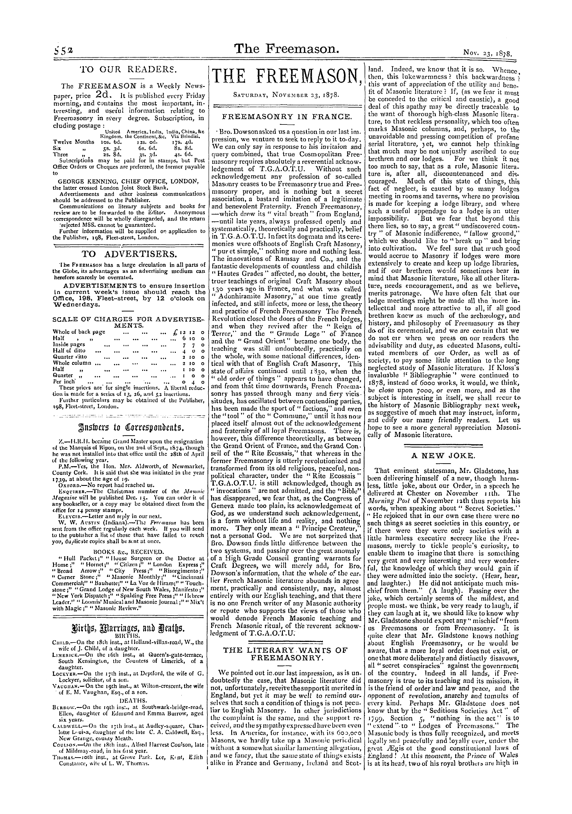 The Freemason: 1878-11-23 - The Literary Wants Of Freemasonry.