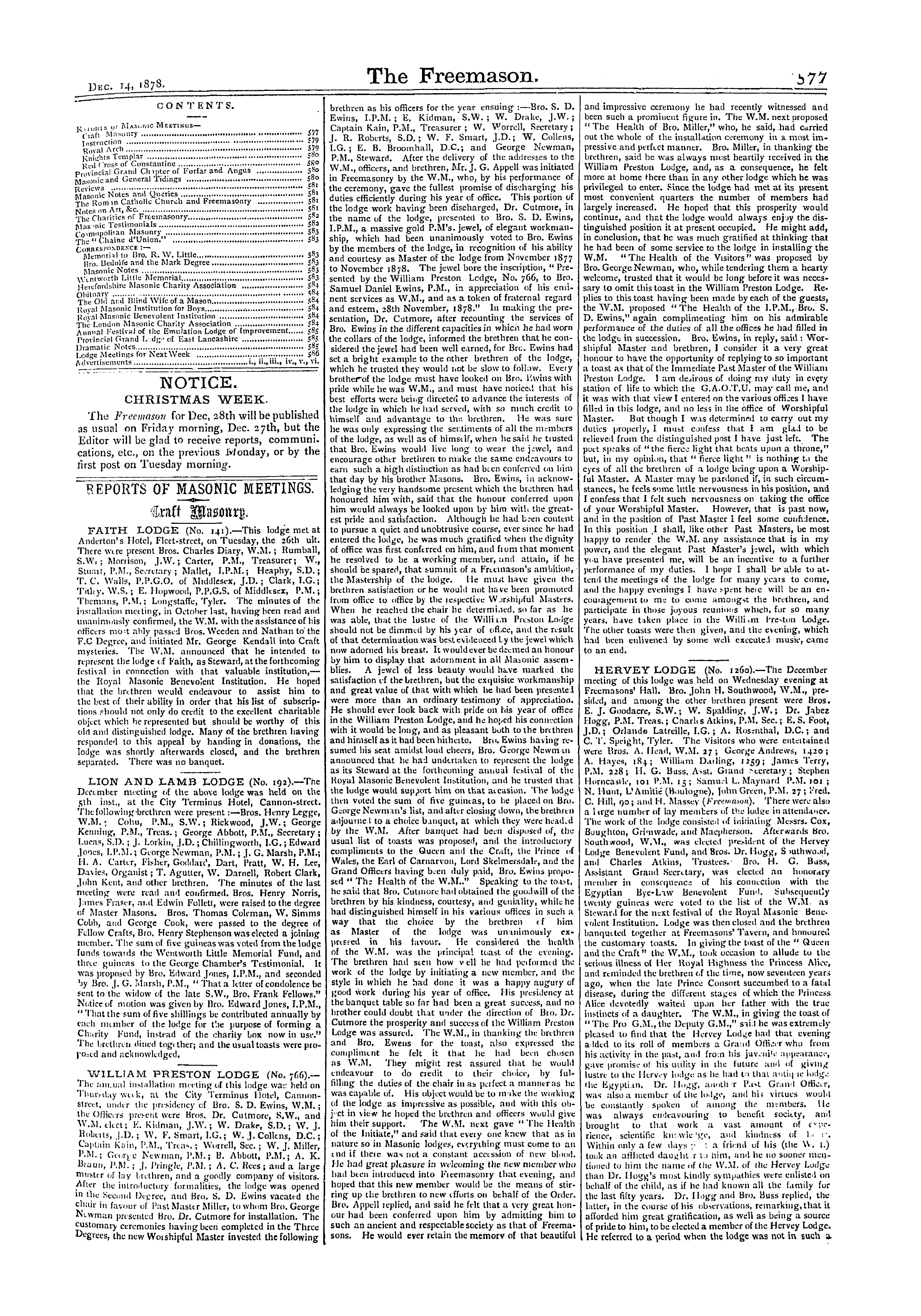 The Freemason: 1878-12-14 - Contents.