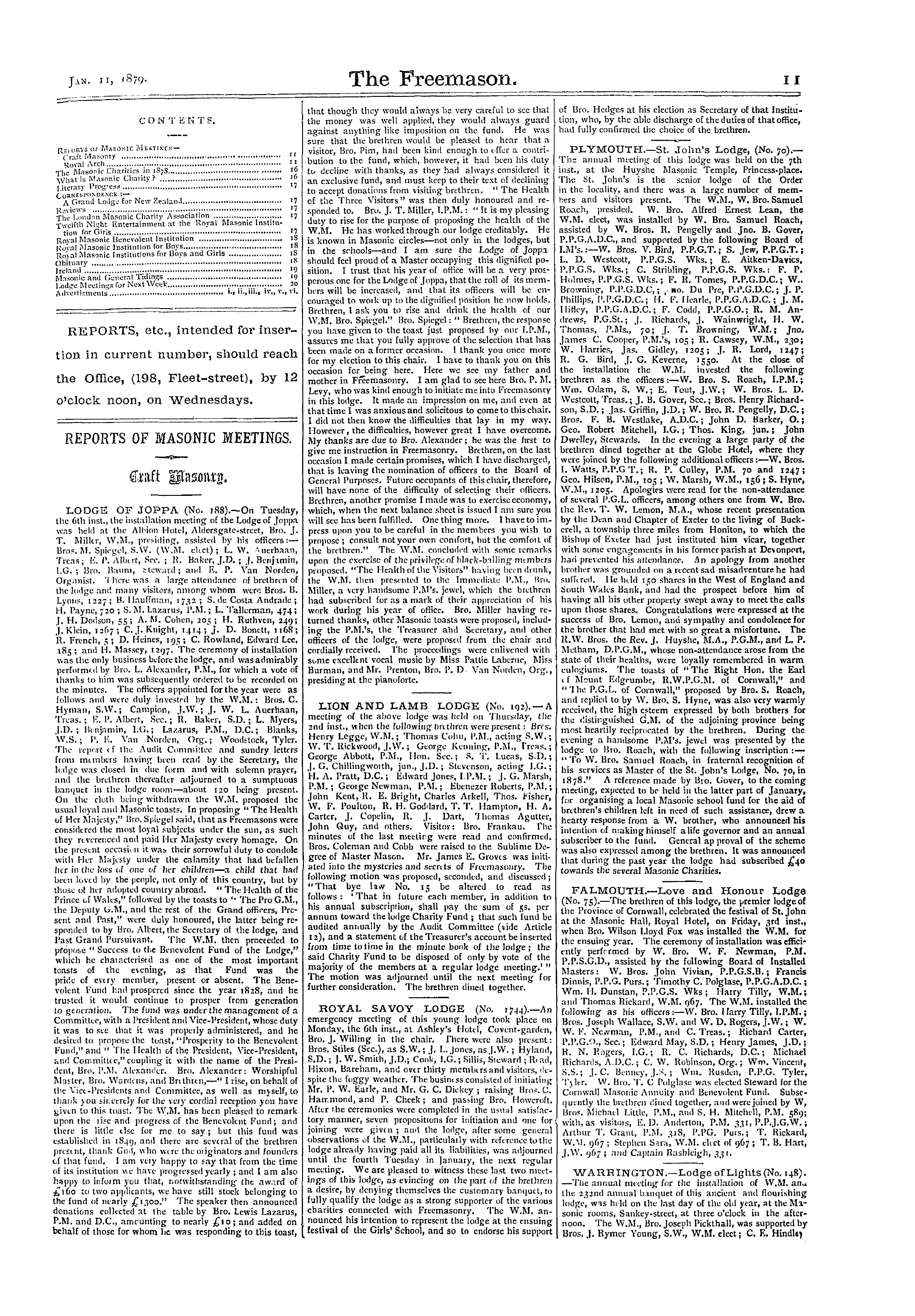 The Freemason: 1879-01-11 - Reports Of Masonic Meetings.