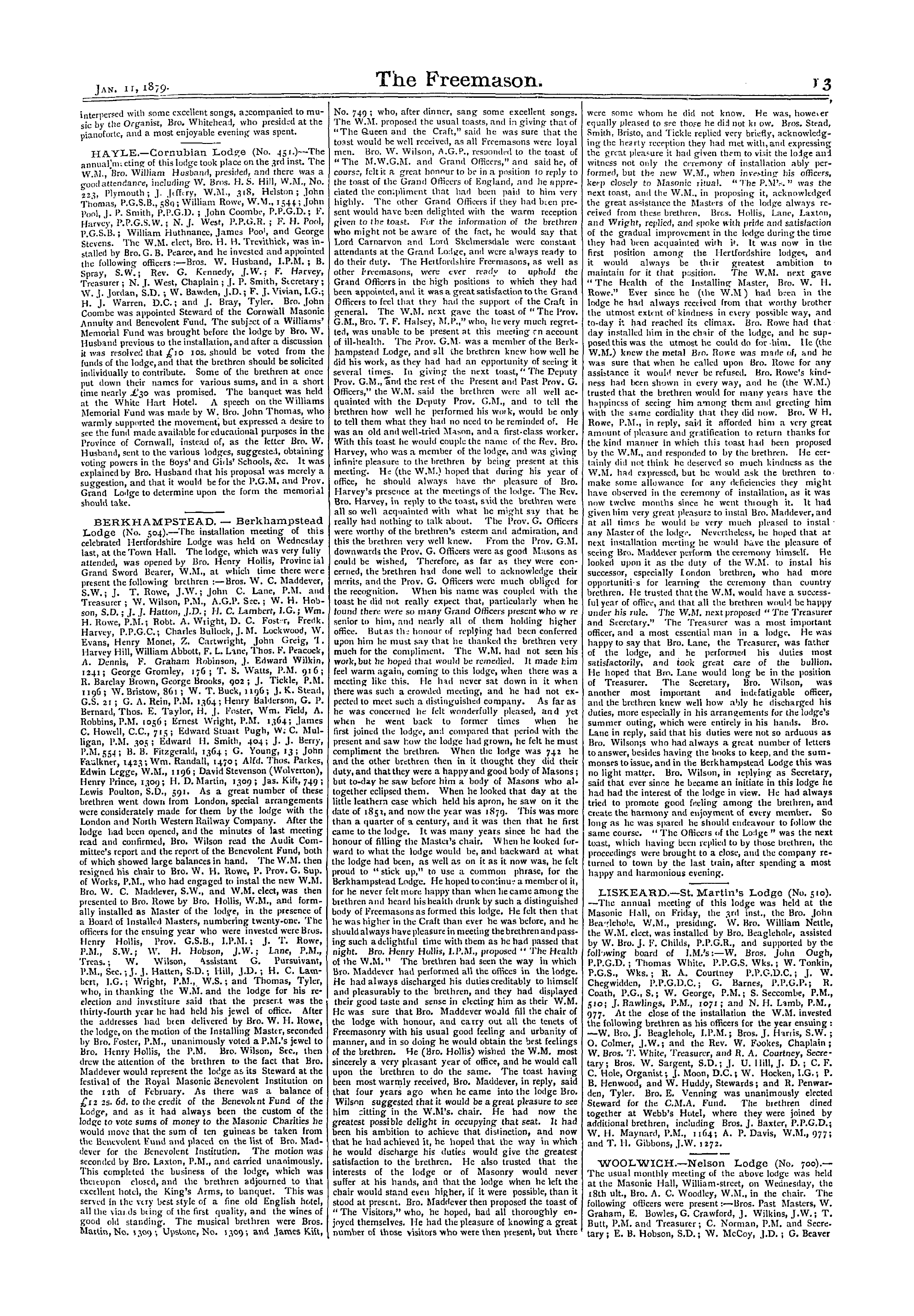 The Freemason: 1879-01-11 - Reports Of Masonic Meetings.