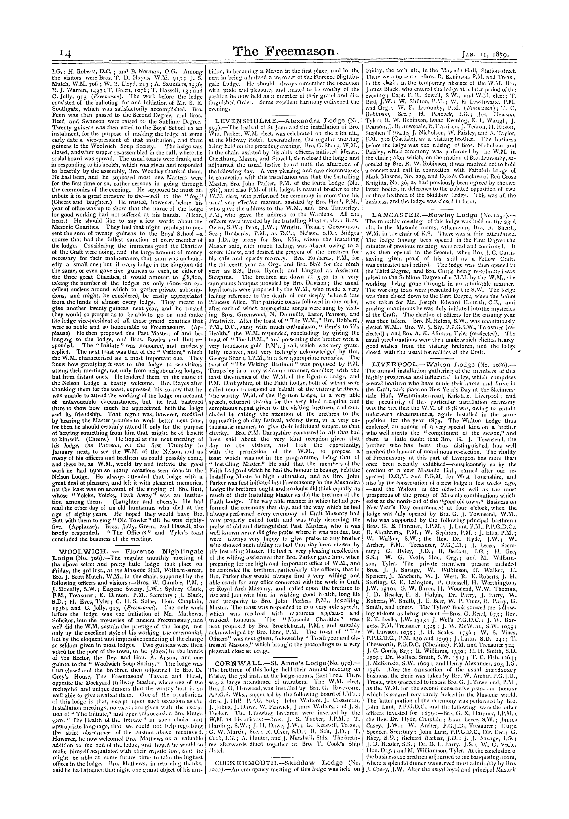 The Freemason: 1879-01-11 - Reports Of Masonic Meetings.