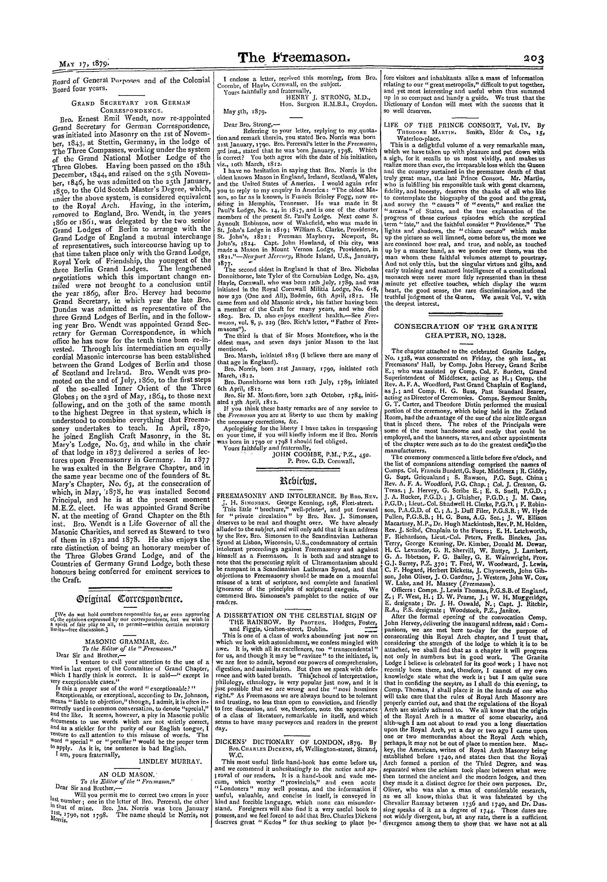 The Freemason: 1879-05-17 - Consecration Of The Granite Chapter, No. 1328.