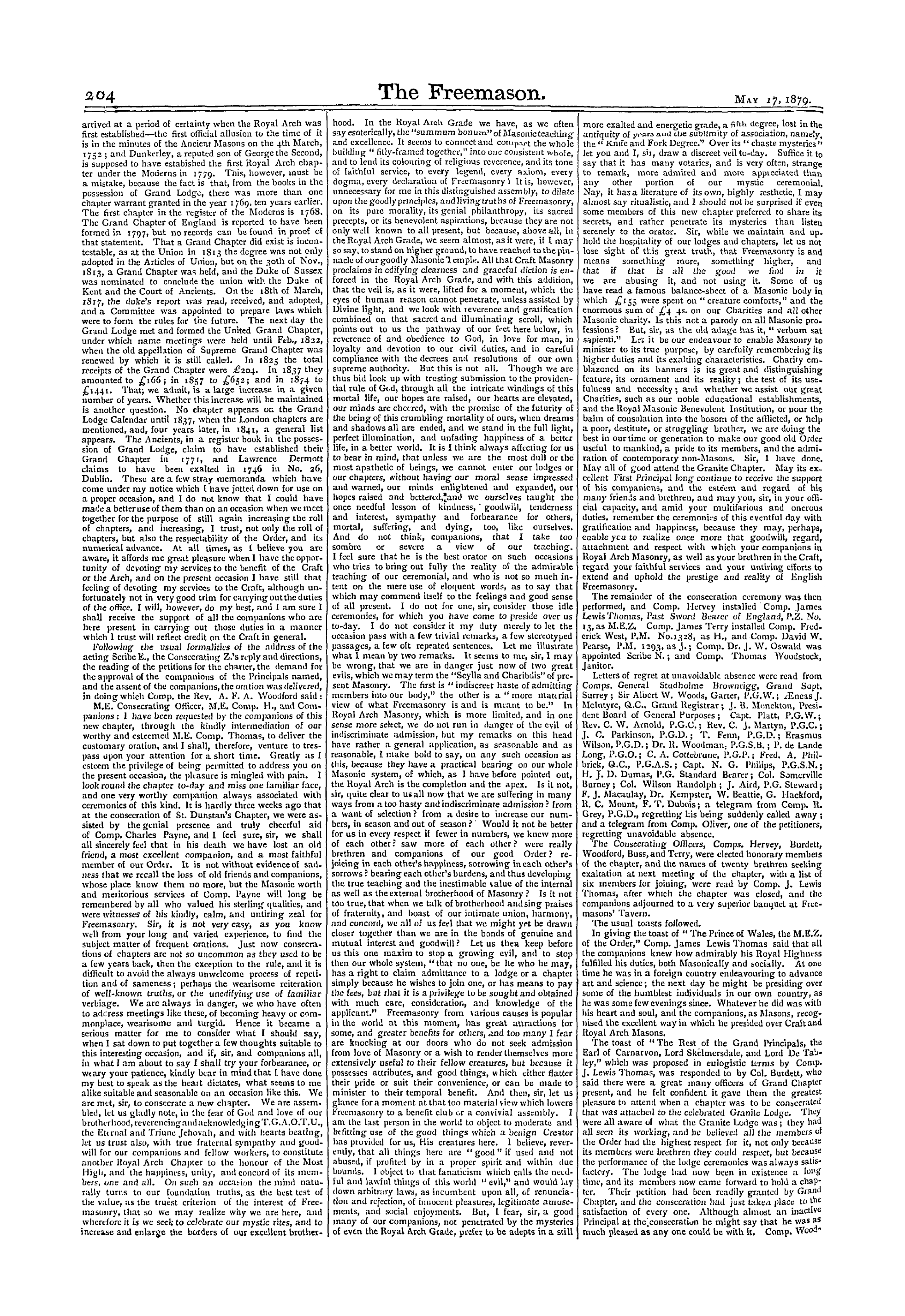 The Freemason: 1879-05-17 - Consecration Of The Granite Chapter, No. 1328.