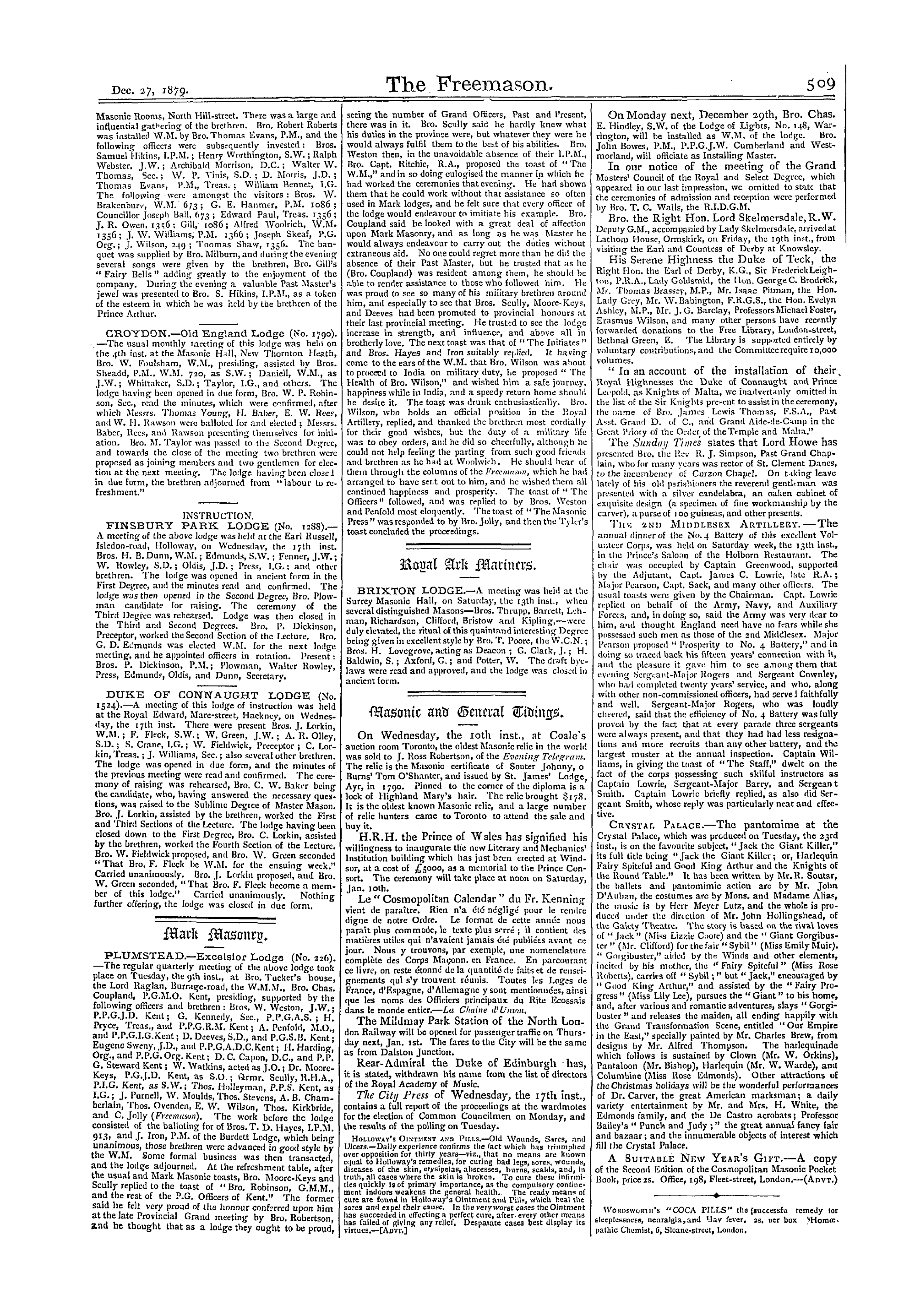 The Freemason: 1879-12-27 - Royal Ark Mariners.