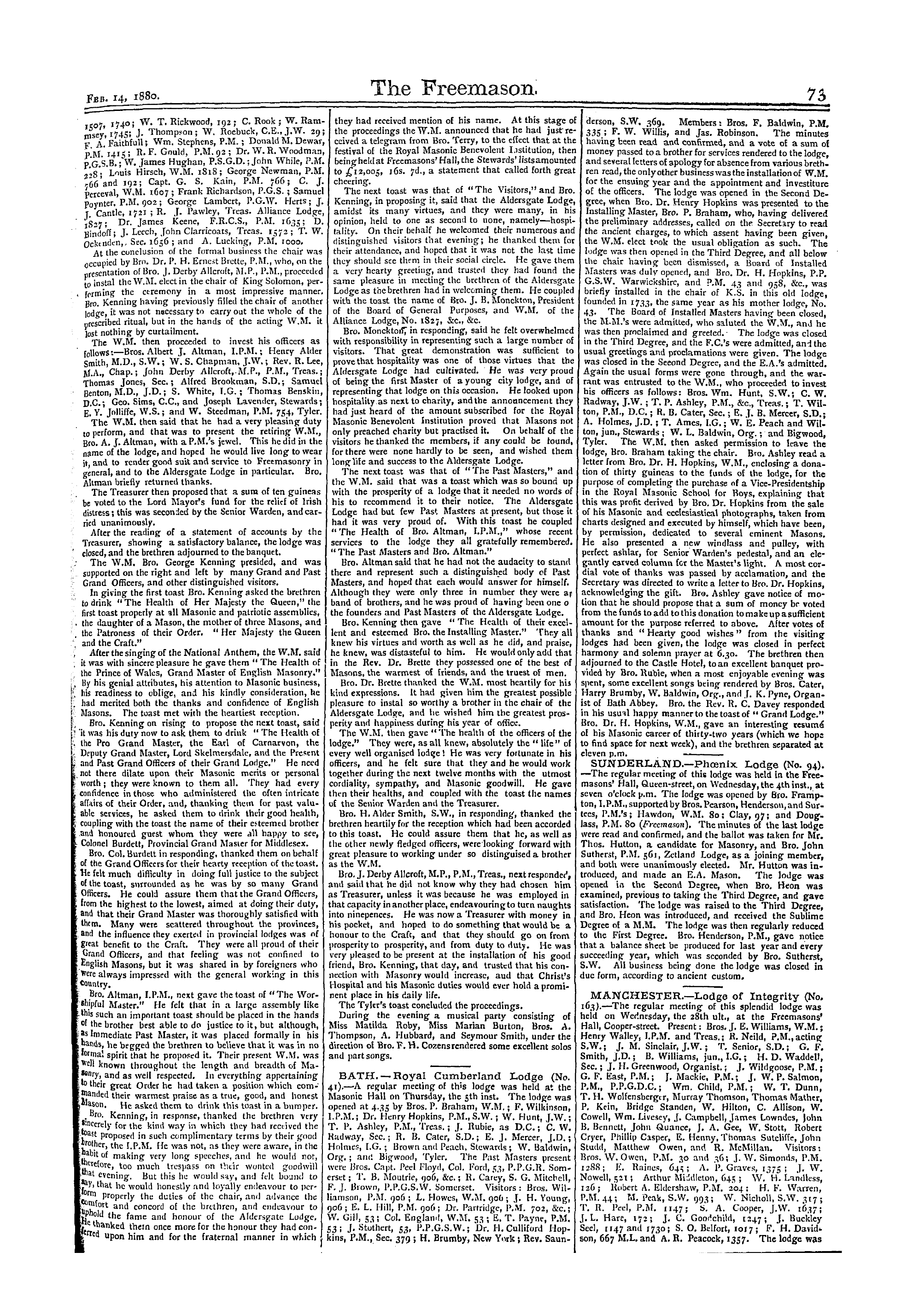 The Freemason: 1880-02-14 - Reports Of Masonic Meetings.