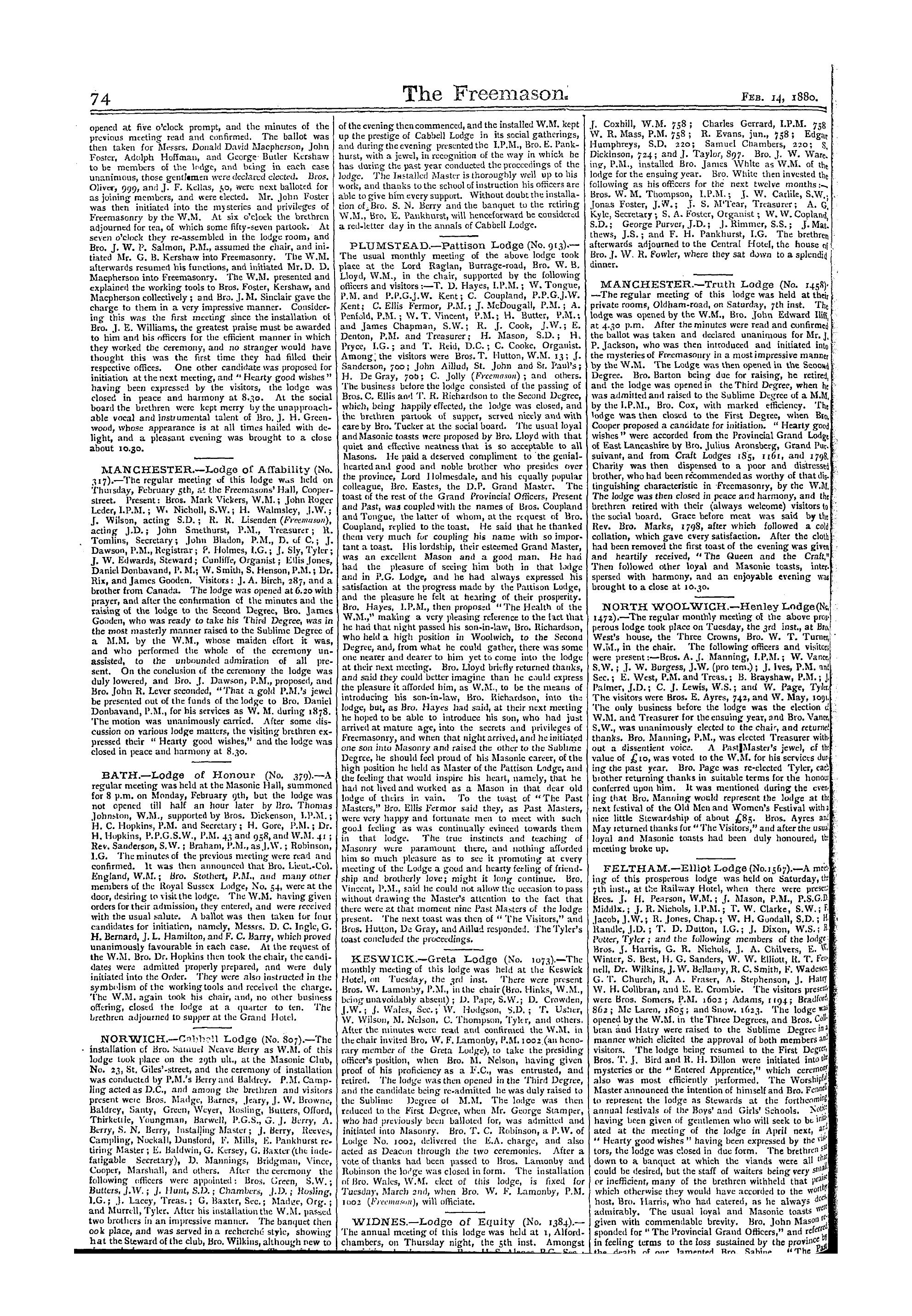 The Freemason: 1880-02-14 - Reports Of Masonic Meetings.