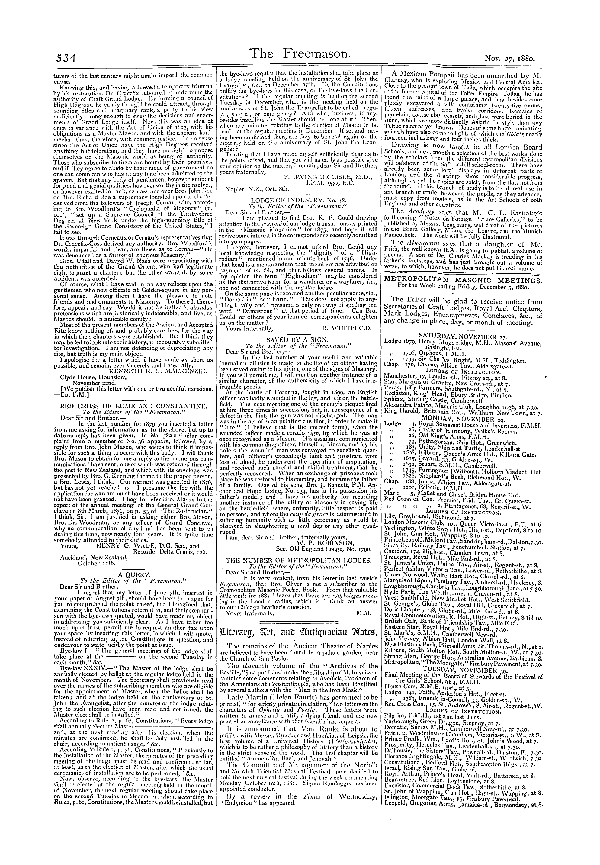 The Freemason: 1880-11-27 - Metropolitan Masonic Meetings.