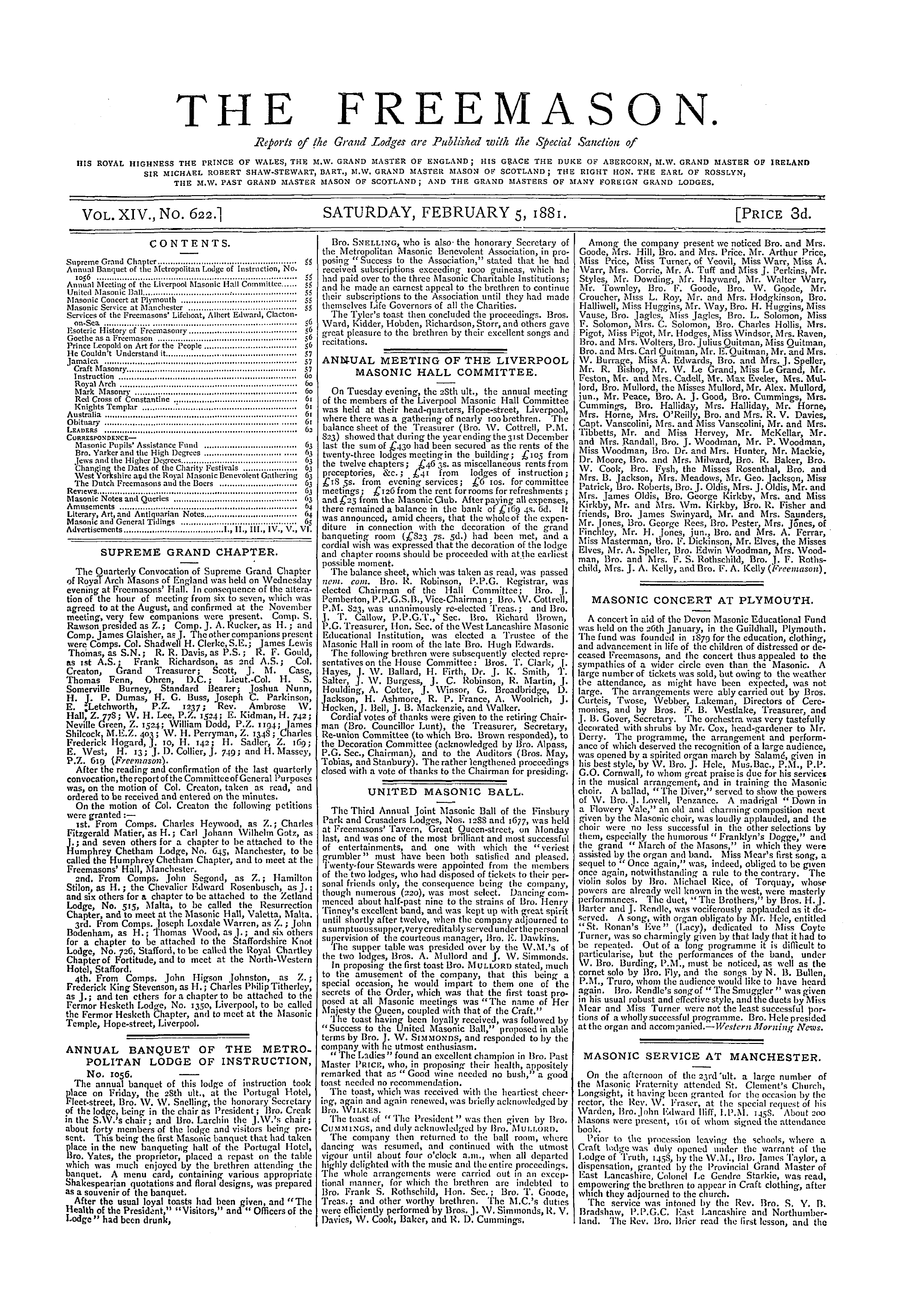 The Freemason: 1881-02-05 - Masonic Service At Manchester.