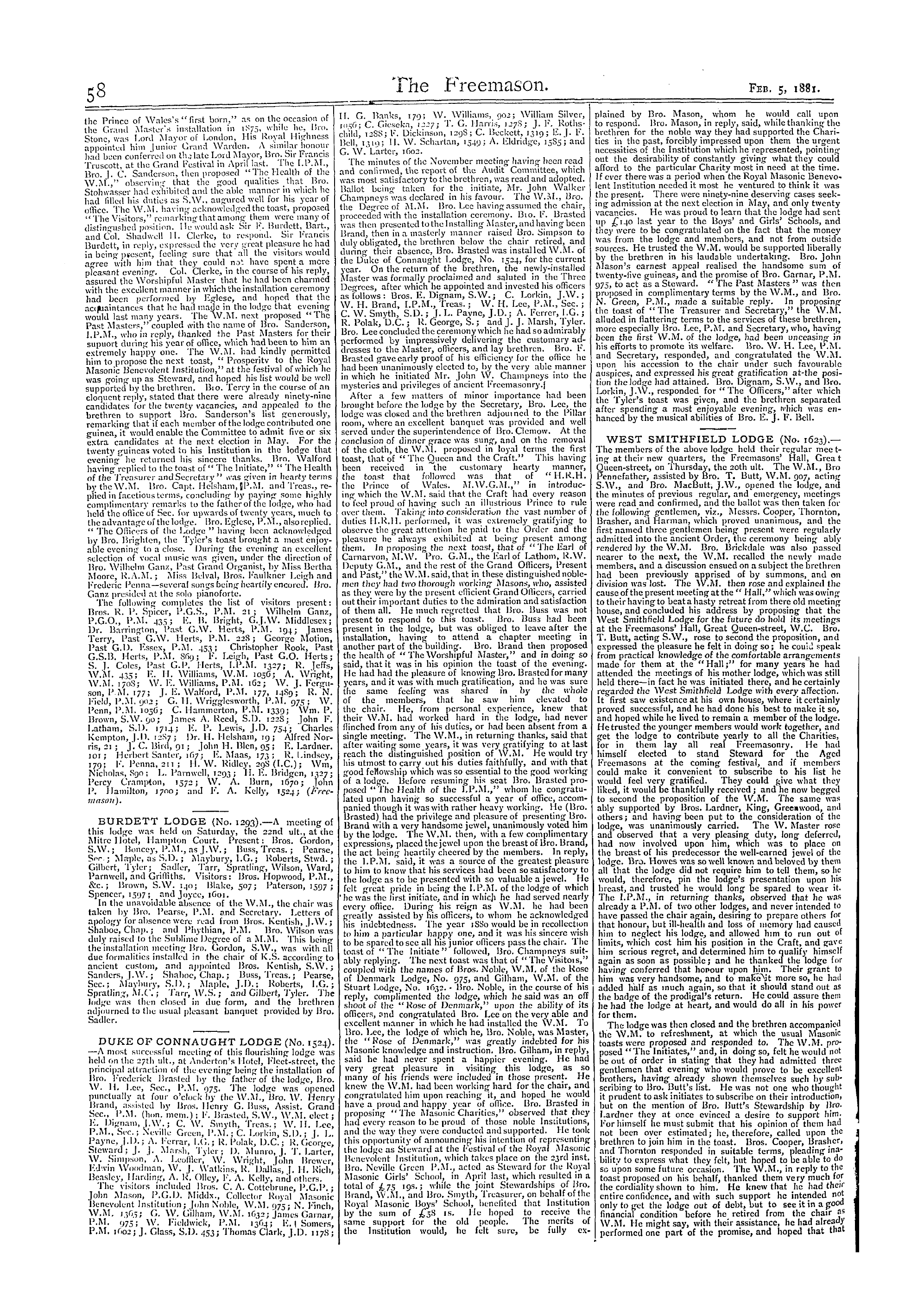 The Freemason: 1881-02-05 - Reports Of Masonic Meetings.