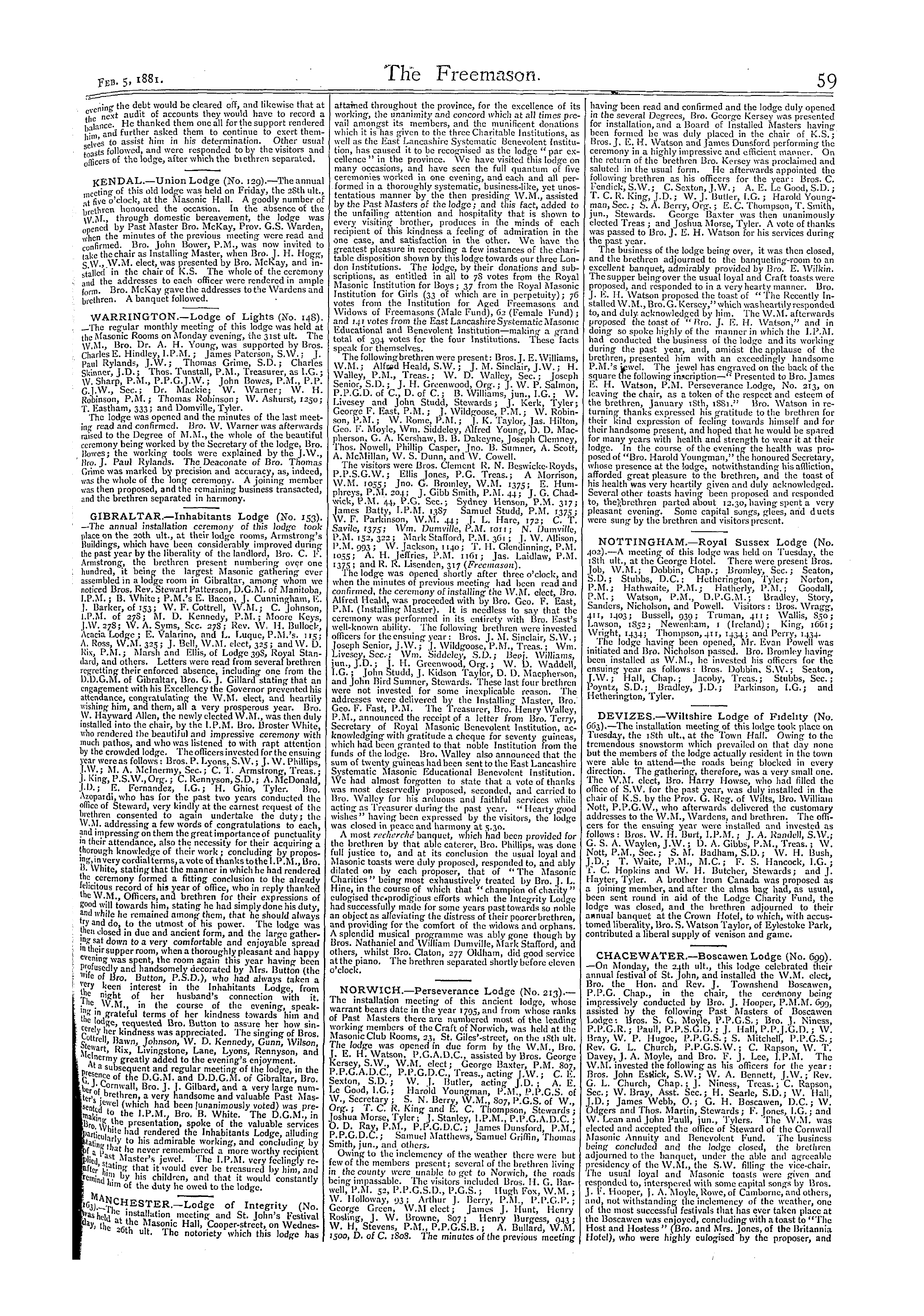 The Freemason: 1881-02-05 - Reports Of Masonic Meetings.