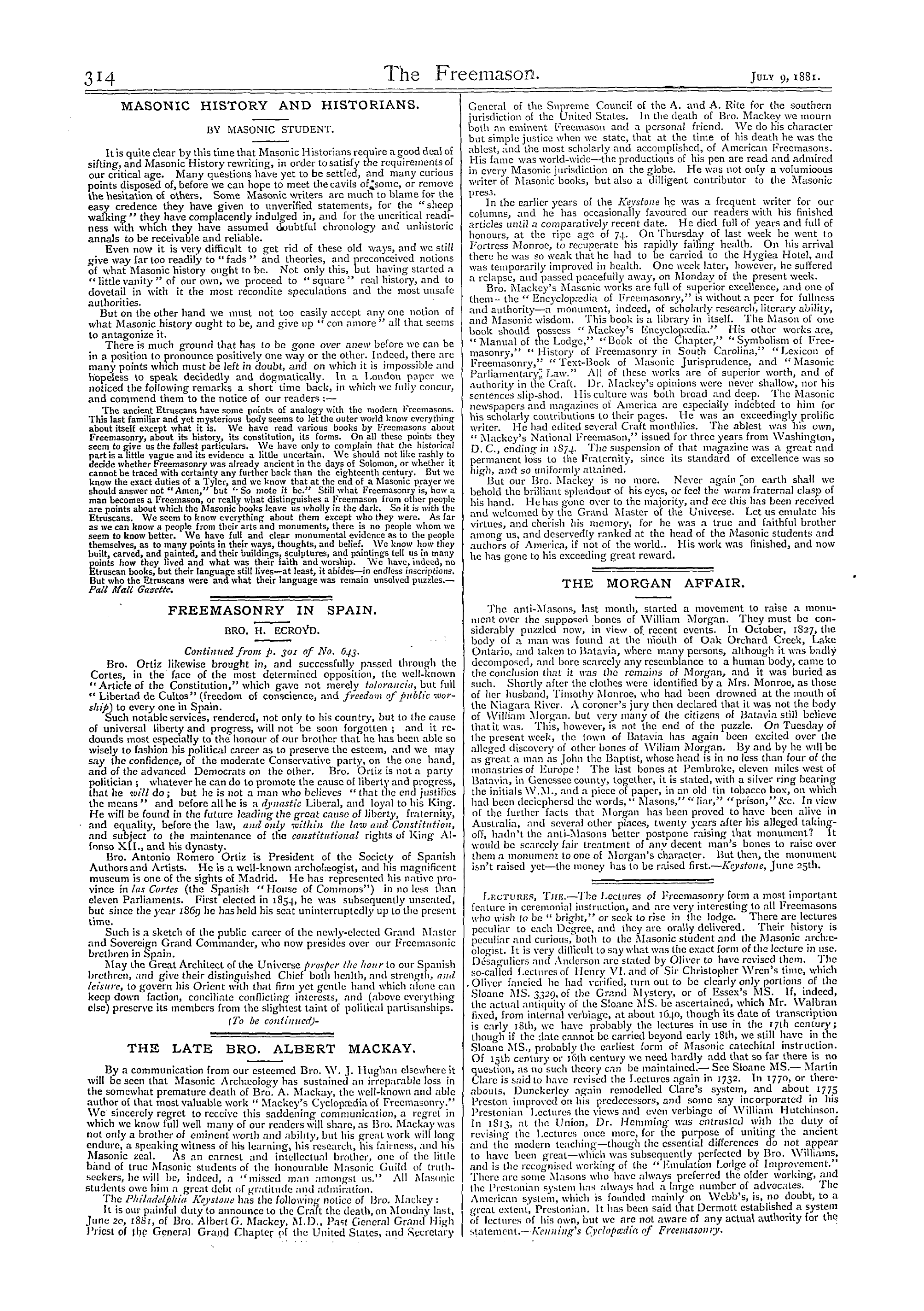 The Freemason: 1881-07-09 - Freemasonry In Spain.