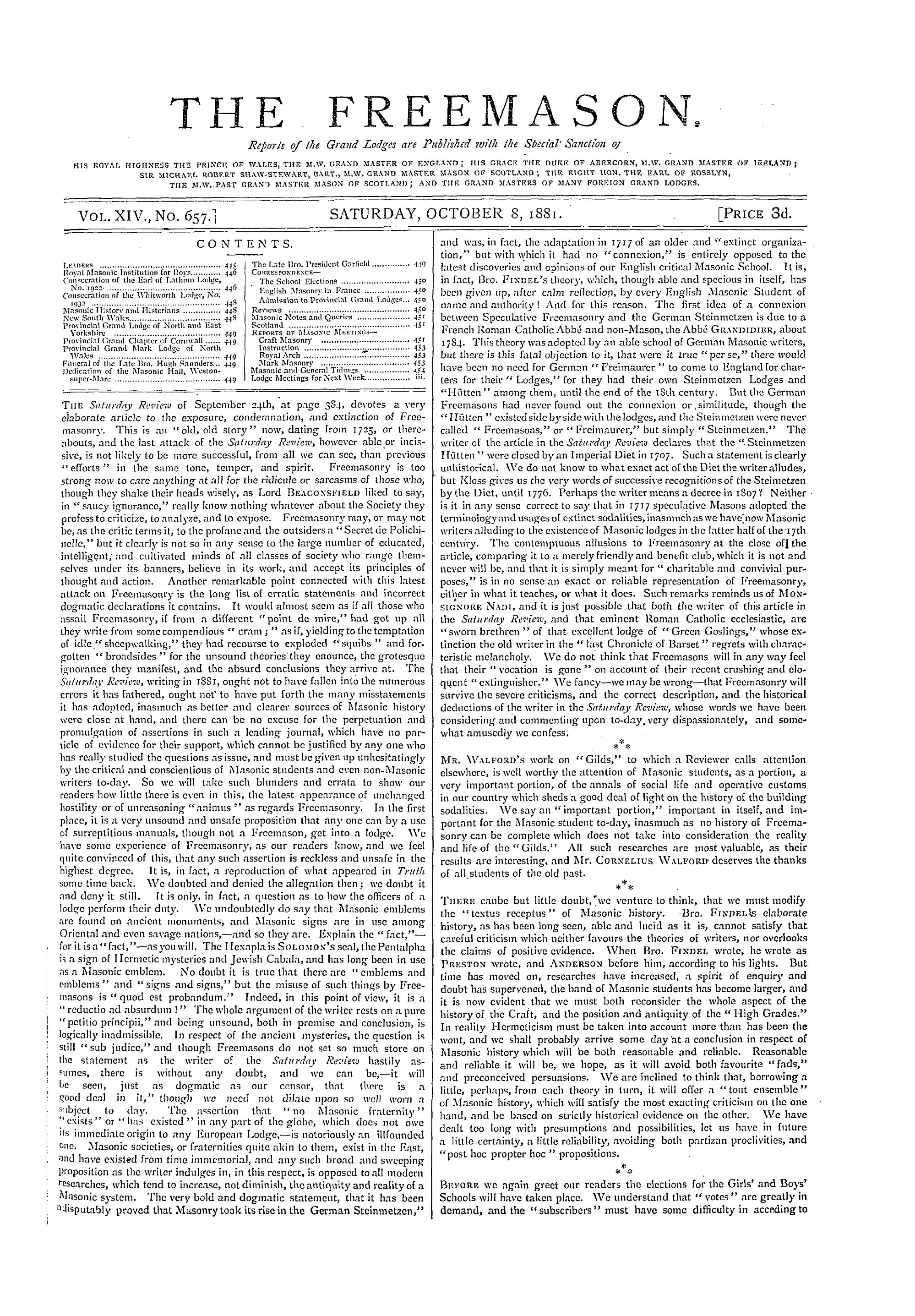 The Freemason: 1881-10-08 - Contents.