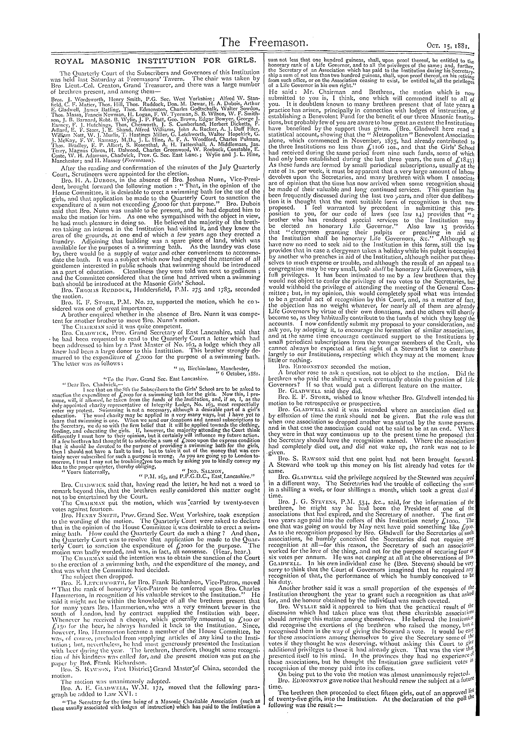 The Freemason: 1881-10-15 - Royal Masonic Institution For Girls.