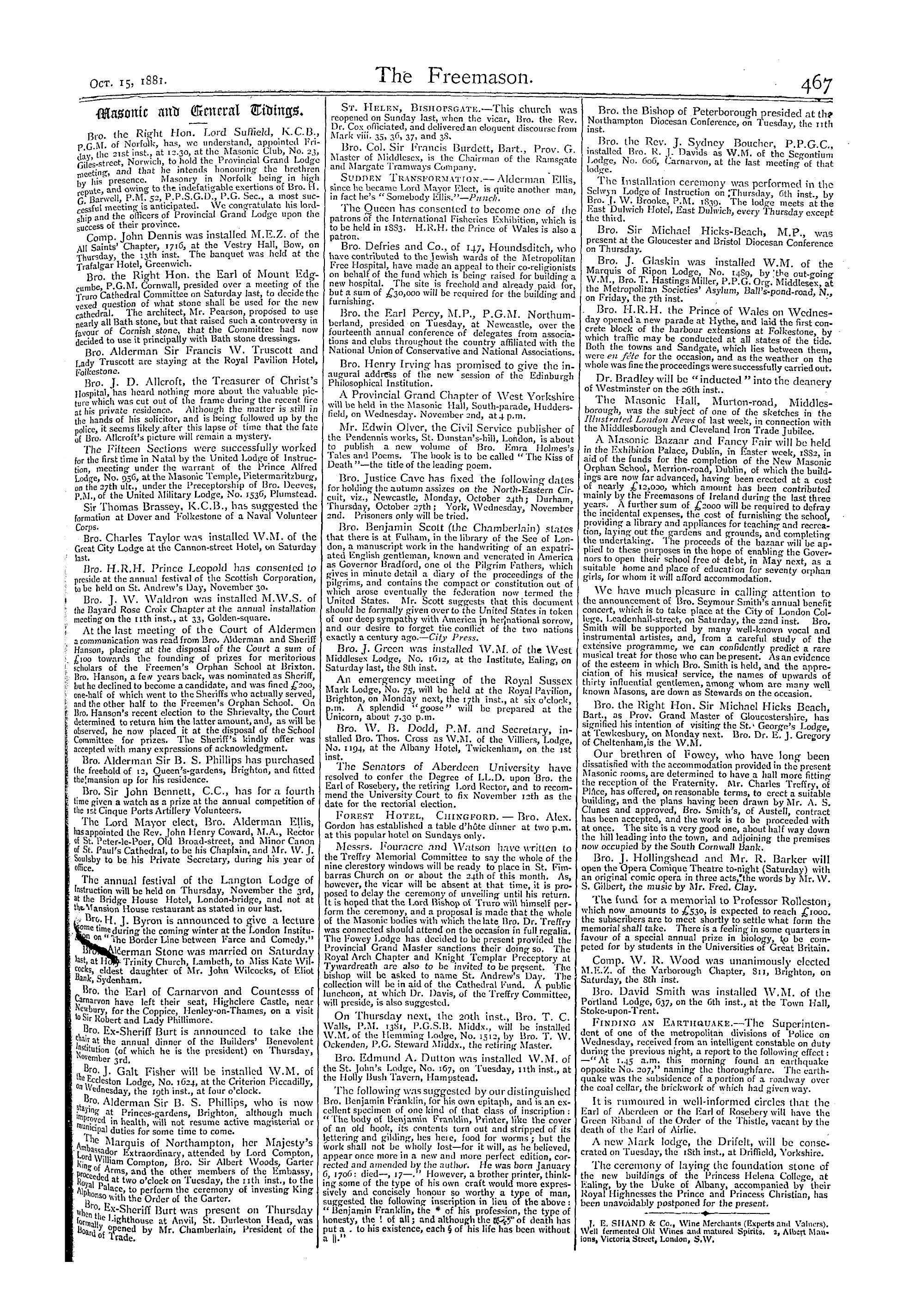 The Freemason: 1881-10-15 - Masonic And General Tidings.