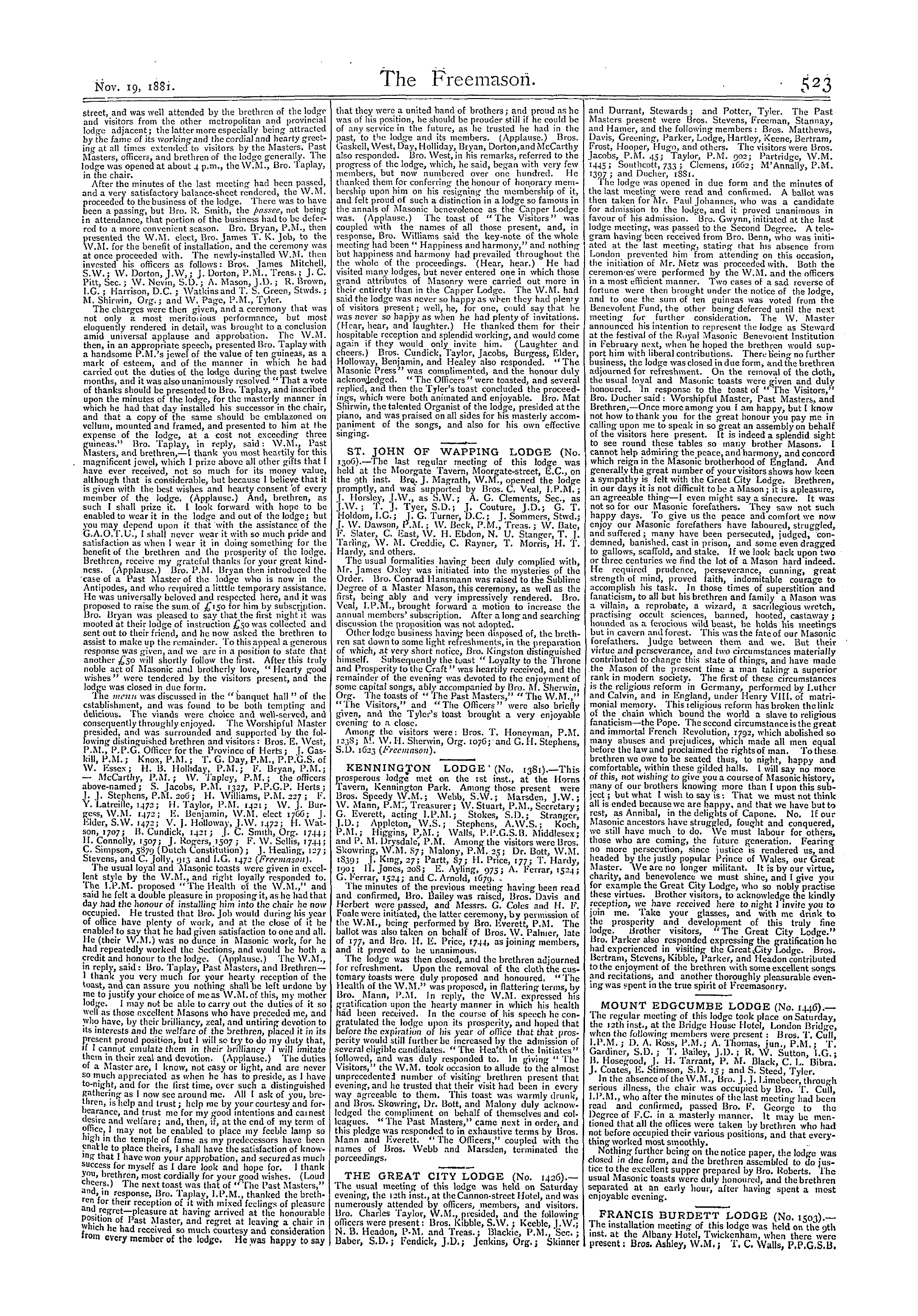 The Freemason: 1881-11-19 - Reports Of Masonic Meetings