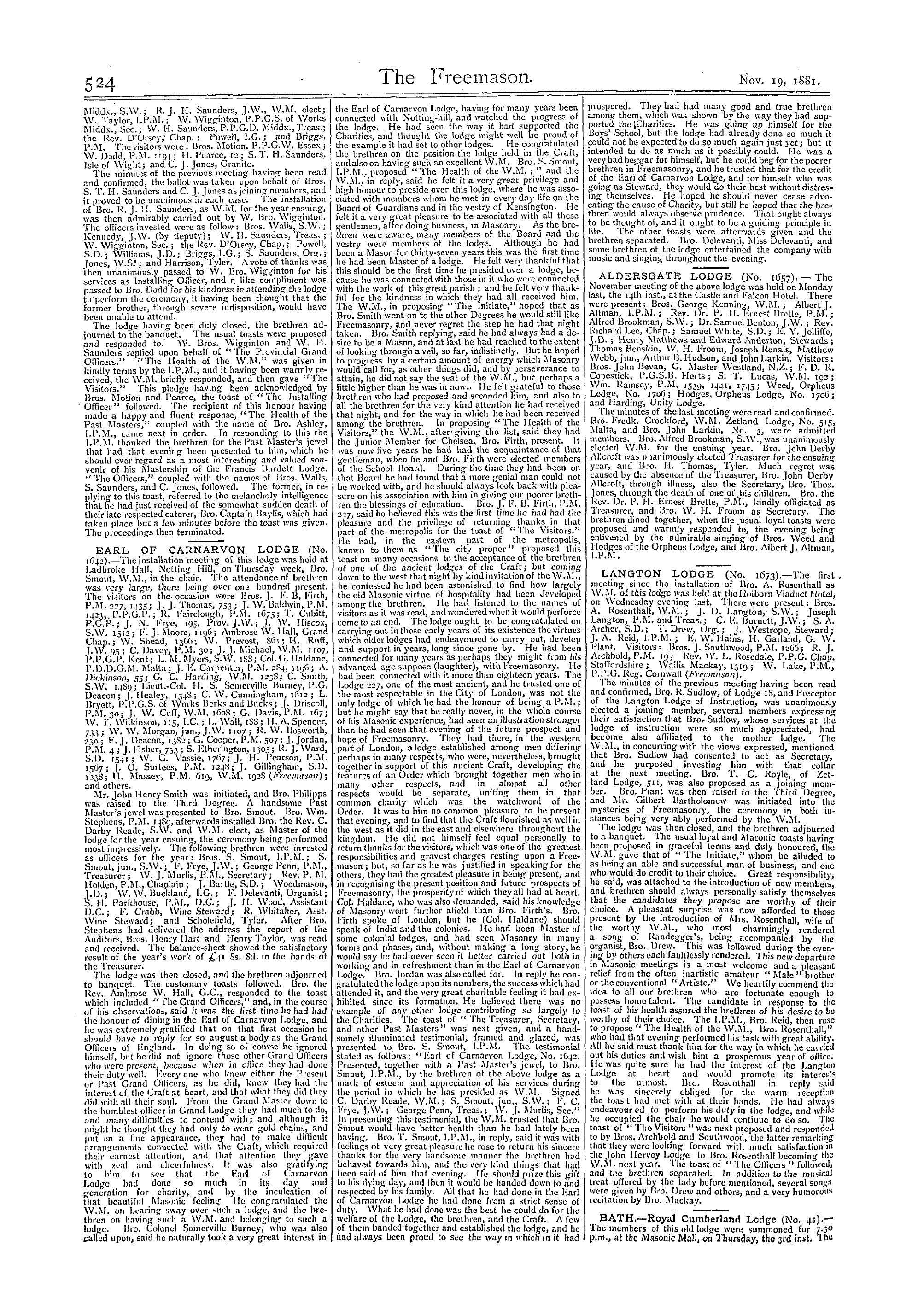 The Freemason: 1881-11-19 - Reports Of Masonic Meetings