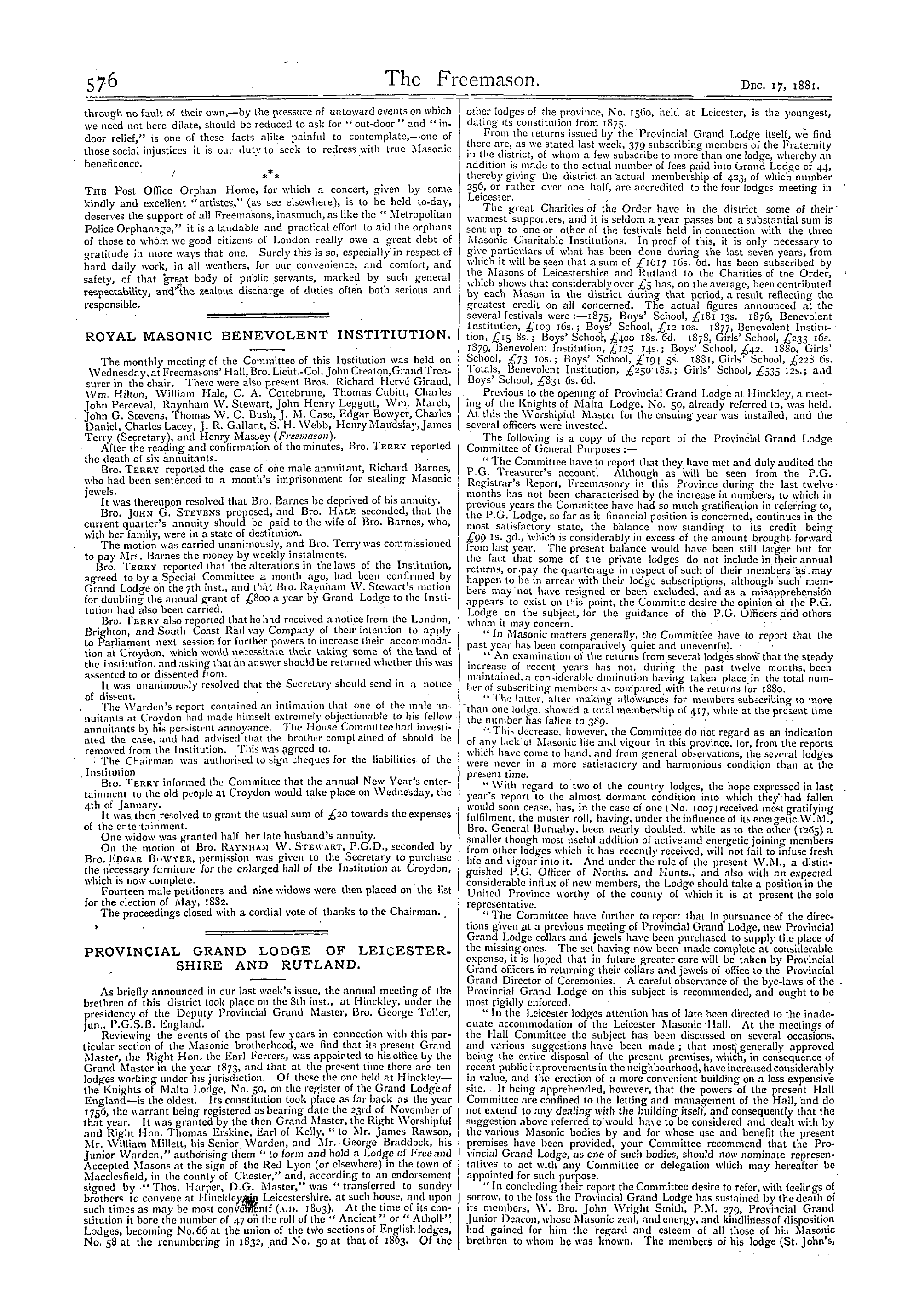 The Freemason: 1881-12-17 - Provincial Grand Lodge Of Leicestershire And Rutland.