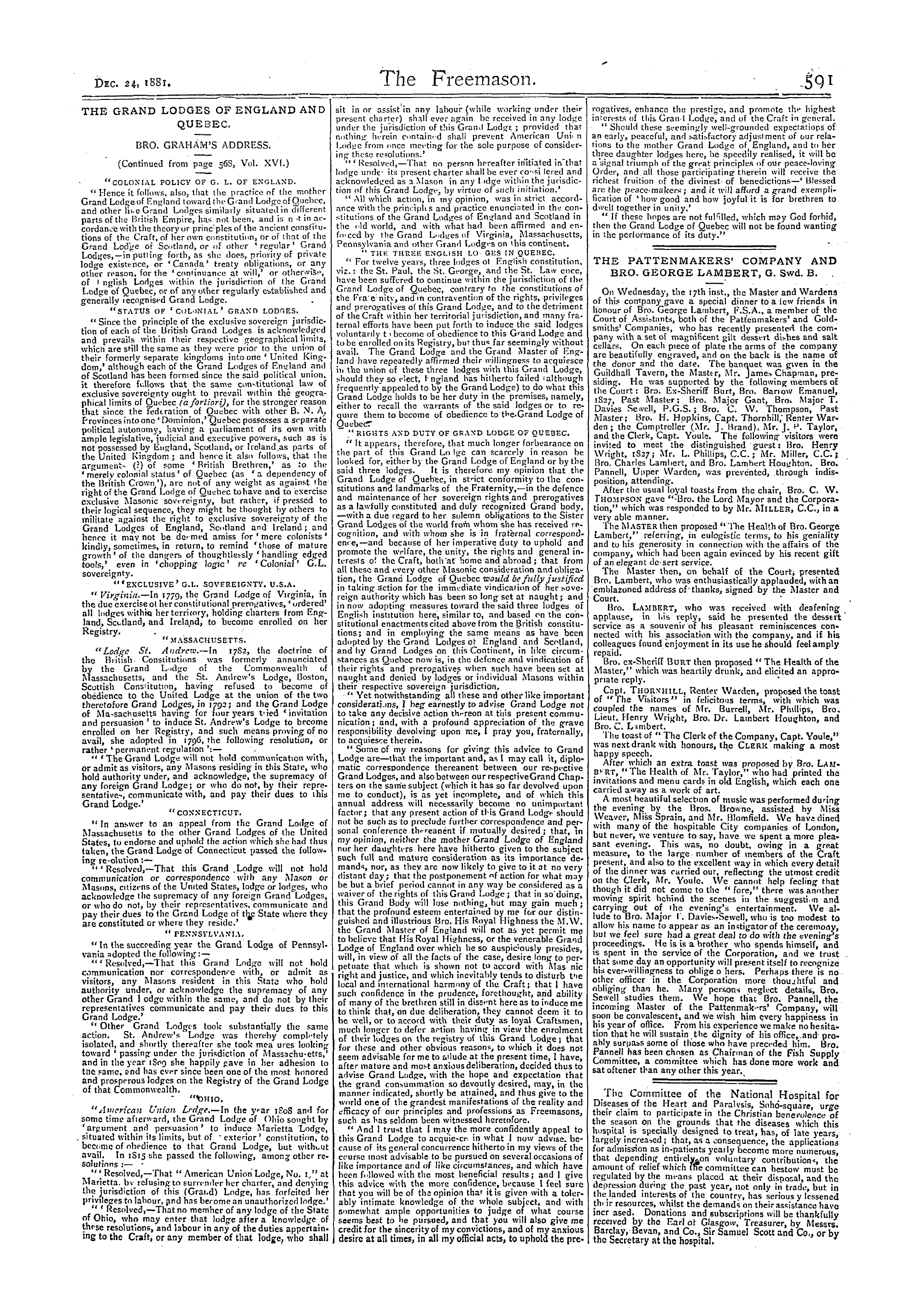 The Freemason: 1881-12-24 - The Grand Lodges Of England And Quebec.