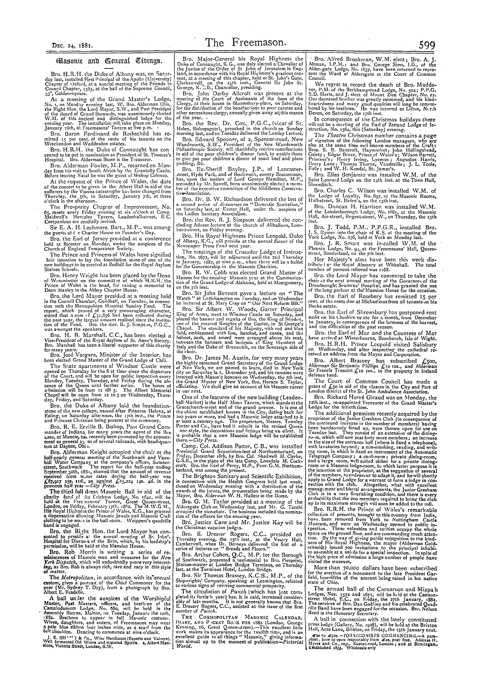 The Freemason: 1881-12-24 - Masonic And General Tidings.