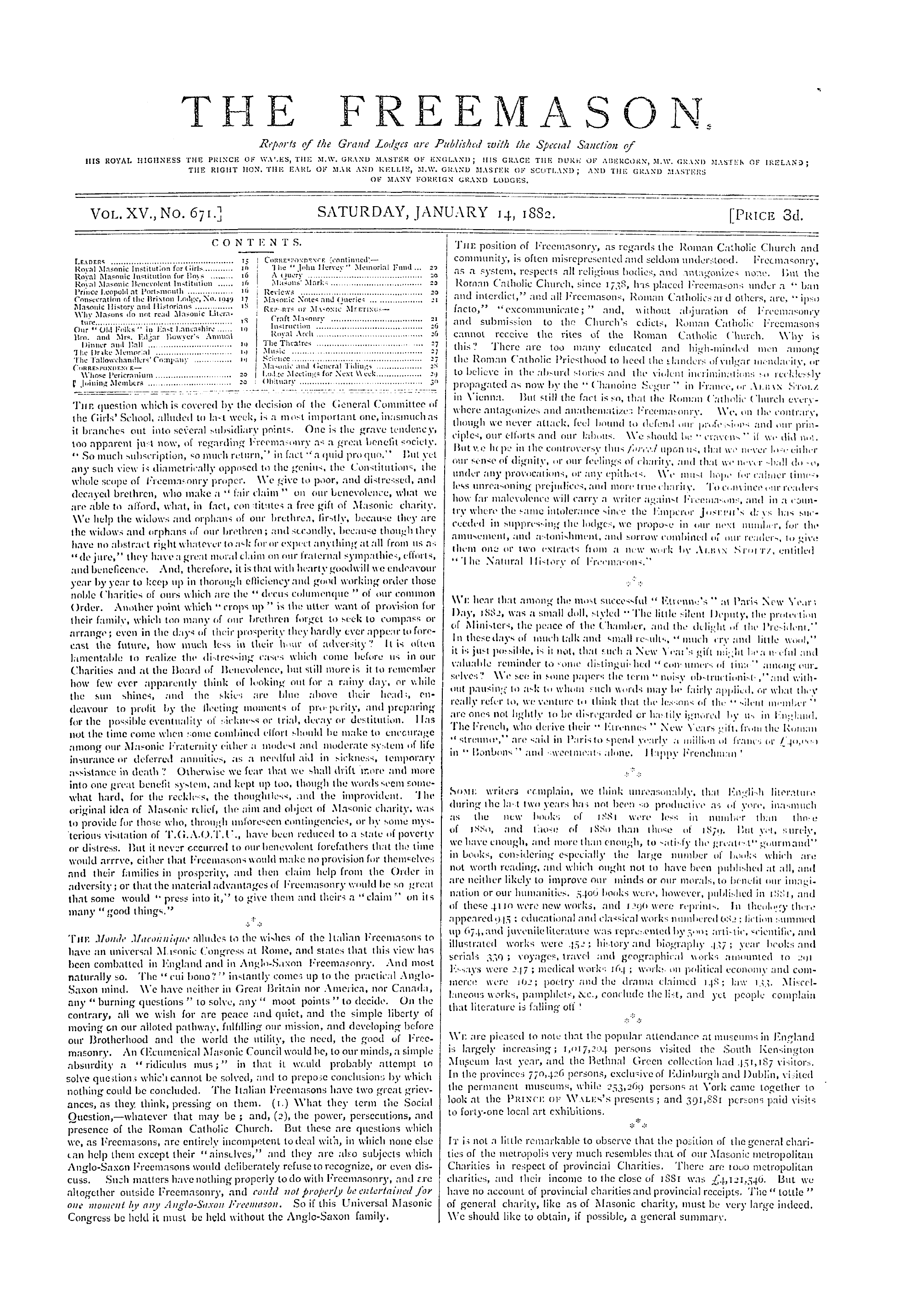 The Freemason: 1882-01-14 - Contents.