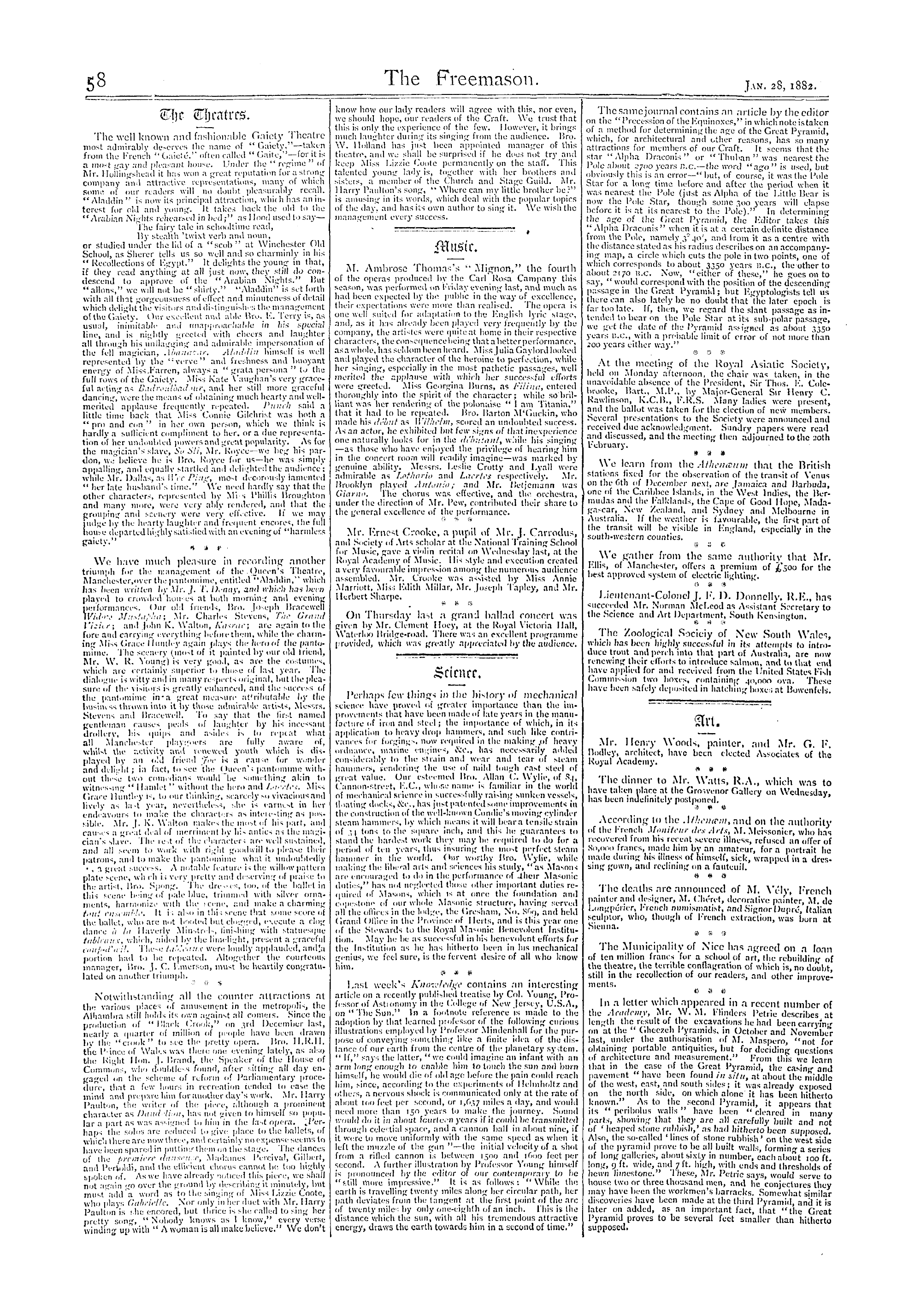 The Freemason: 1882-01-28 - The Theatres.