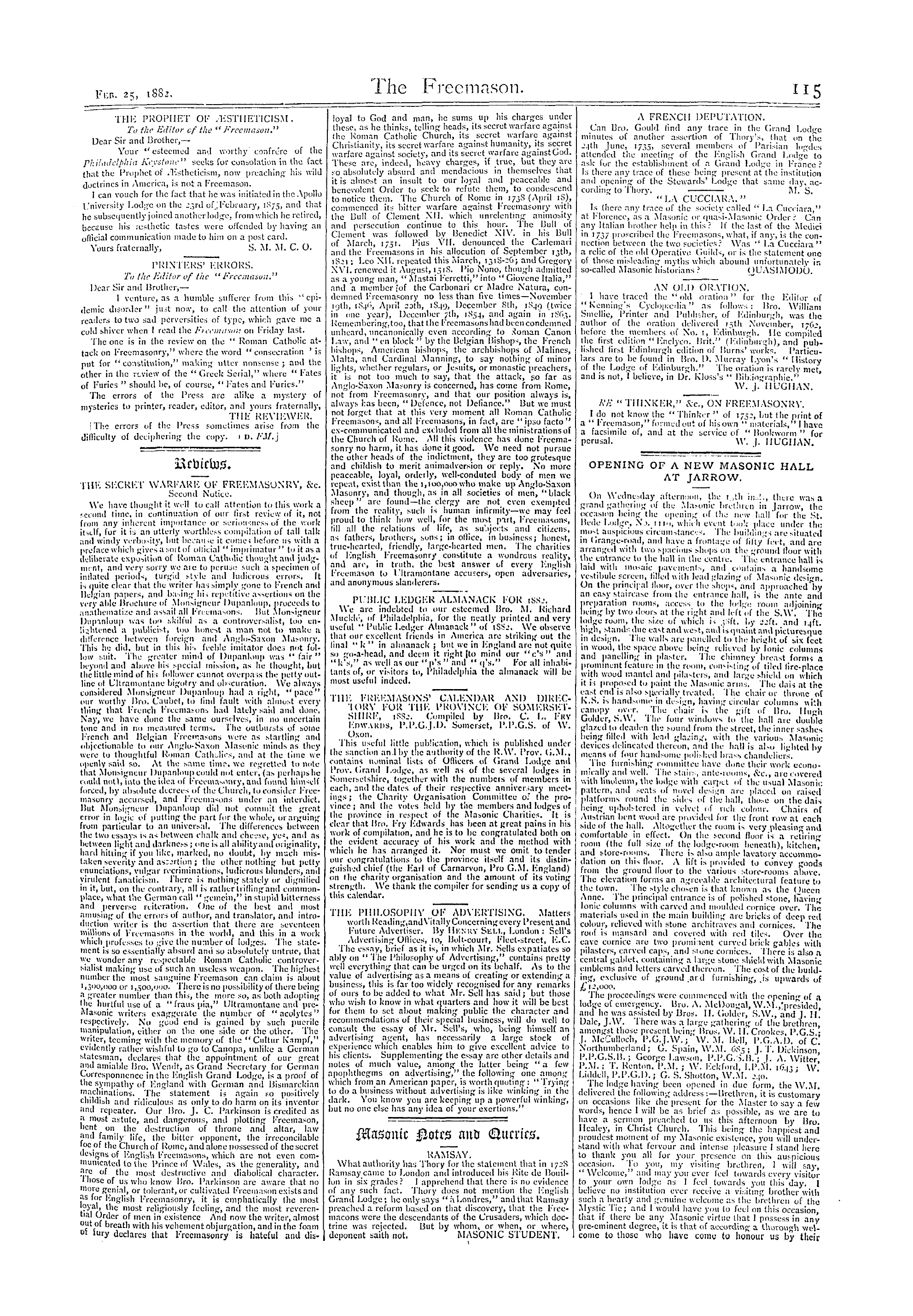The Freemason: 1882-02-25 - Reviews.